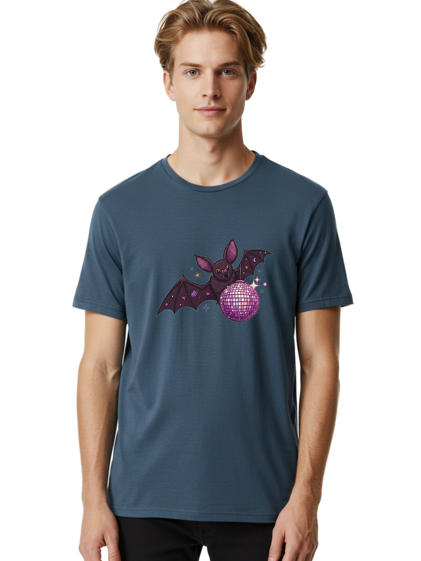 Bat-Holding-Disco-Ball-2 Men'S Graphic Tee, 100% Cotton, Comfortable Casual Summer Wear, Machine Washable, Vintage Camera, Old Camera, Antique Camera, Black Camera, Classic Photography, Photography Equipment, Nostalgic Device, Film Camera, Baf692