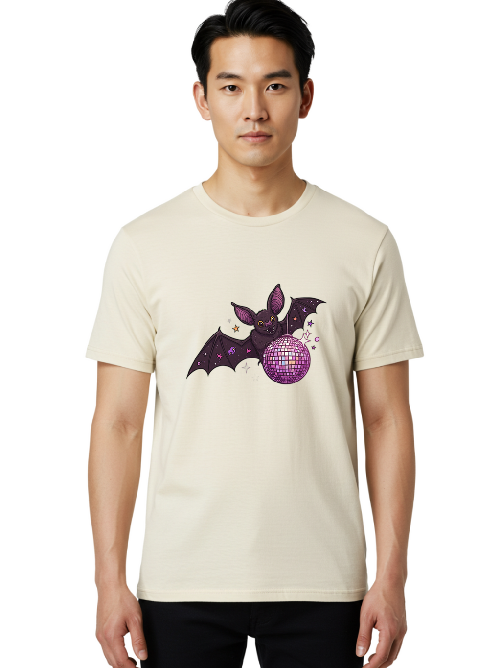 Bat-Holding-Disco-Ball-2 Men'S Graphic Tee, 100% Cotton, Comfortable Casual Summer Wear, Machine Washable, Vintage Camera, Old Camera, Antique Camera, Black Camera, Classic Photography, Photography Equipment, Nostalgic Device, Film Camera, Baf692
