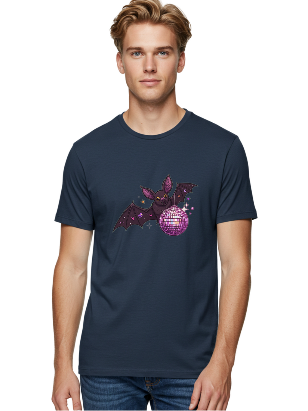 Bat-Holding-Disco-Ball-2 Men'S Graphic Tee, 100% Cotton, Comfortable Casual Summer Wear, Machine Washable, Vintage Camera, Old Camera, Antique Camera, Black Camera, Classic Photography, Photography Equipment, Nostalgic Device, Film Camera, Baf692