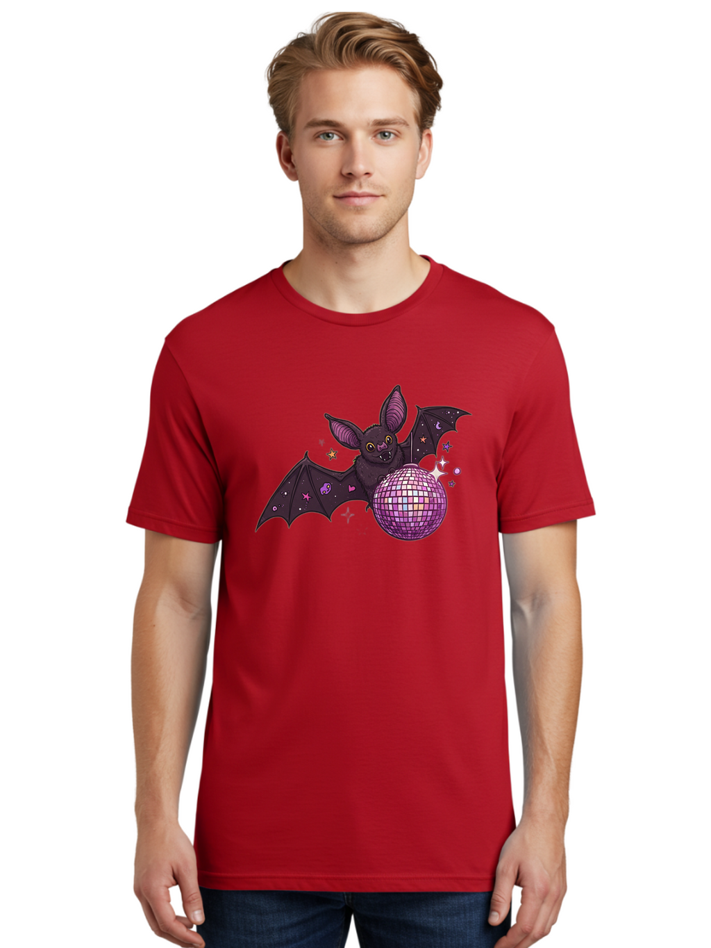 Bat-Holding-Disco-Ball-2 Men'S Graphic Tee, 100% Cotton, Comfortable Casual Summer Wear, Machine Washable, Vintage Camera, Old Camera, Antique Camera, Black Camera, Classic Photography, Photography Equipment, Nostalgic Device, Film Camera, Baf692