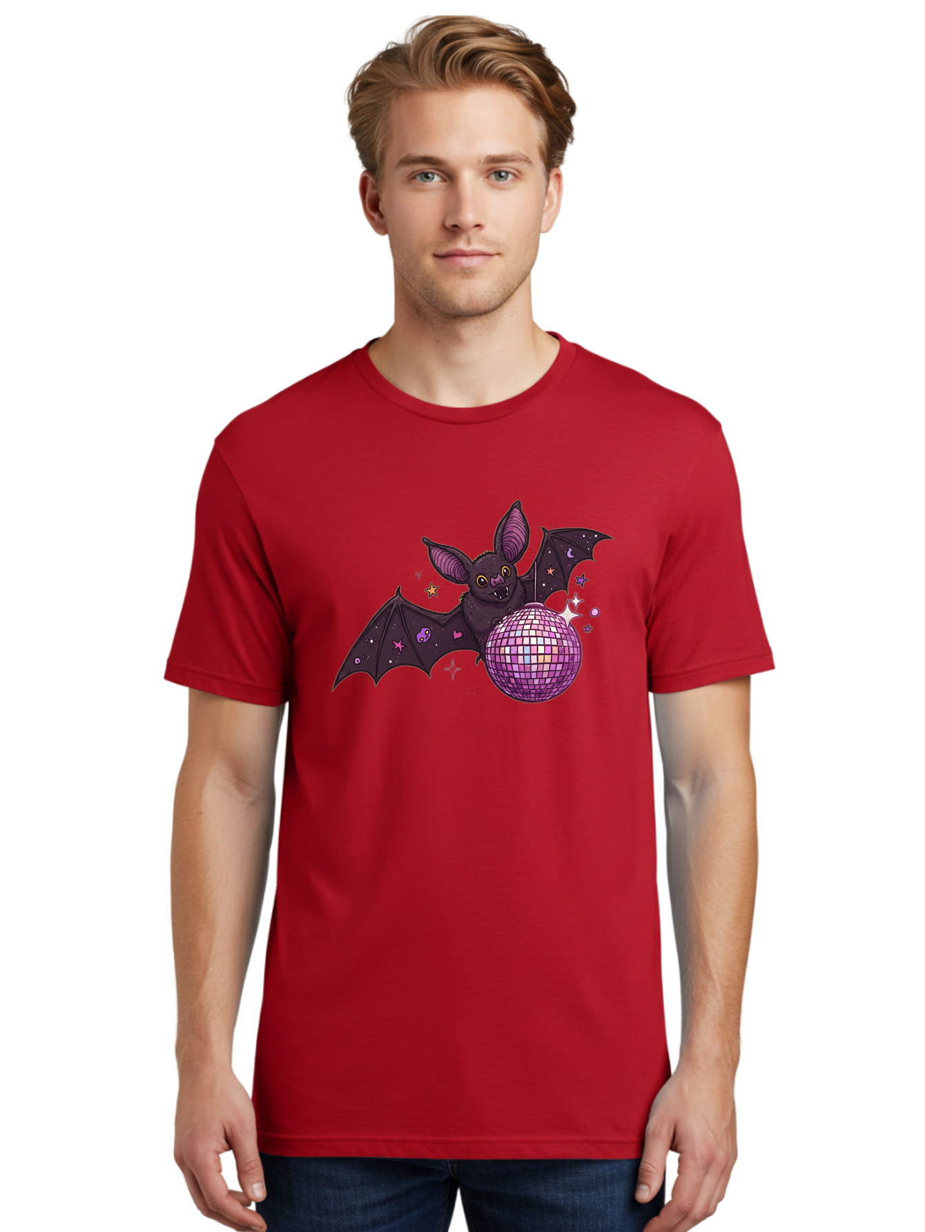 Bat-Holding-Disco-Ball-2 Men'S Graphic Tee, 100% Cotton, Comfortable Casual Summer Wear, Machine Washable, Vintage Camera, Old Camera, Antique Camera, Black Camera, Classic Photography, Photography Equipment, Nostalgic Device, Film Camera, Baf692