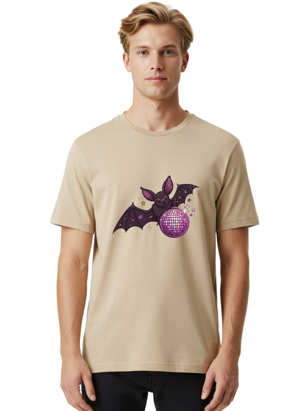 Bat-Holding-Disco-Ball-2 Men'S Graphic Tee, 100% Cotton, Comfortable Casual Summer Wear, Machine Washable, Vintage Camera, Old Camera, Antique Camera, Black Camera, Classic Photography, Photography Equipment, Nostalgic Device, Film Camera, Baf692