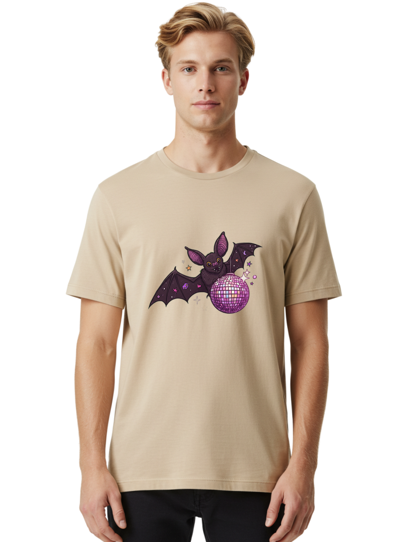 Bat-Holding-Disco-Ball-2 Men'S Graphic Tee, 100% Cotton, Comfortable Casual Summer Wear, Machine Washable, Vintage Camera, Old Camera, Antique Camera, Black Camera, Classic Photography, Photography Equipment, Nostalgic Device, Film Camera, Baf692