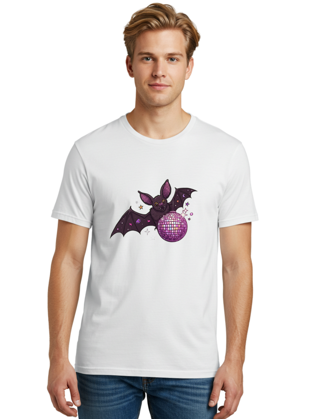 Bat-Holding-Disco-Ball-2 Men'S Graphic Tee, 100% Cotton, Comfortable Casual Summer Wear, Machine Washable, Vintage Camera, Old Camera, Antique Camera, Black Camera, Classic Photography, Photography Equipment, Nostalgic Device, Film Camera, Baf692