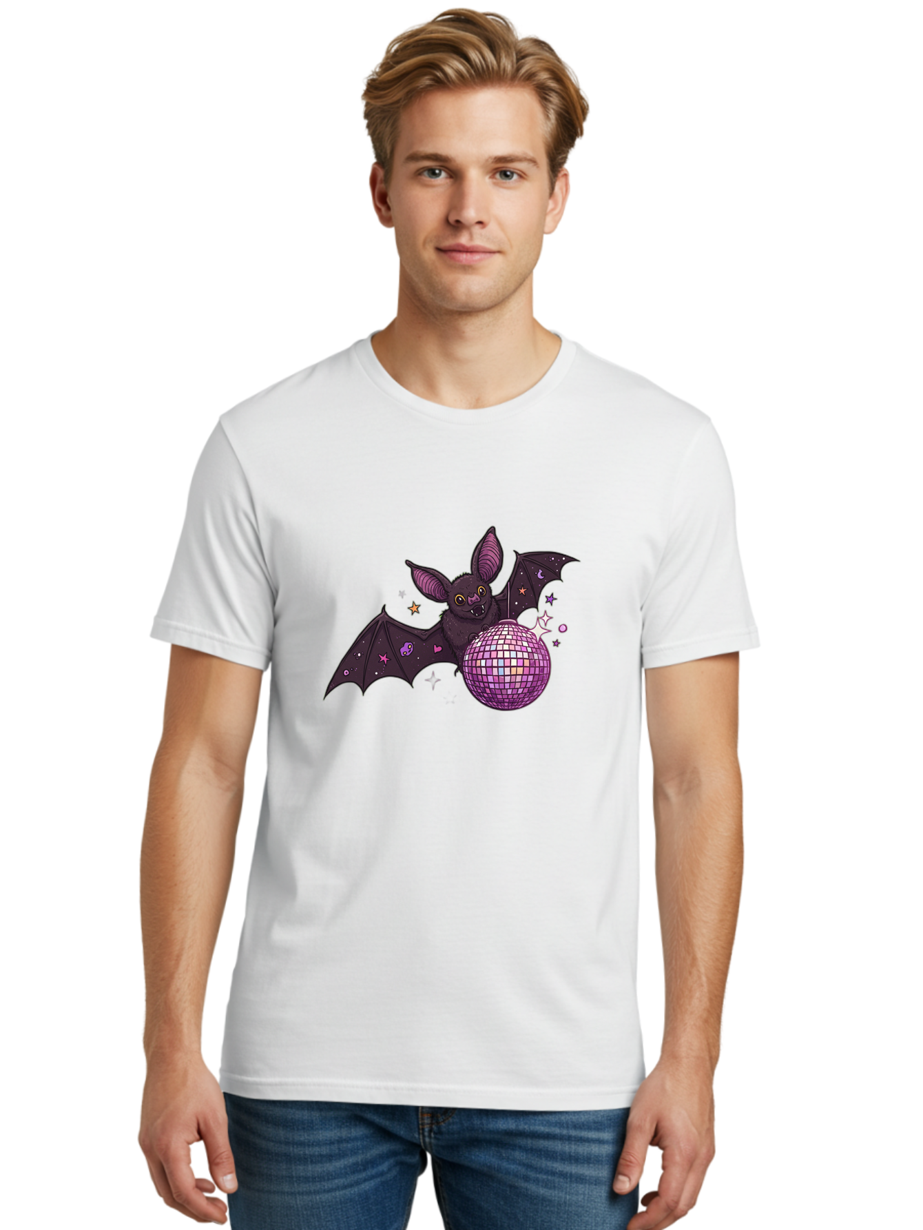 Bat-Holding-Disco-Ball-2 Men'S Graphic Tee, 100% Cotton, Comfortable Casual Summer Wear, Machine Washable, Vintage Camera, Old Camera, Antique Camera, Black Camera, Classic Photography, Photography Equipment, Nostalgic Device, Film Camera, Baf692