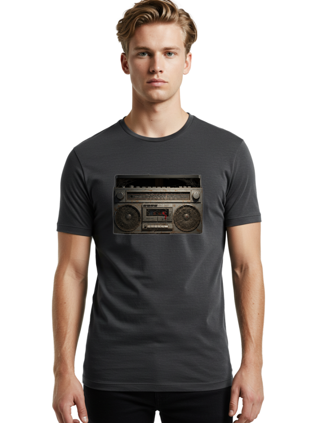 Boombox-With-Spider Men'S Graphic Tee, 100% Cotton, Comfortable Casual Summer Wear, Machine Washable, Vintage Camera, Old Camera, Antique Camera, Black Camera, Classic Photography, Photography Equipment, Nostalgic Device, Film Camera, Baf703