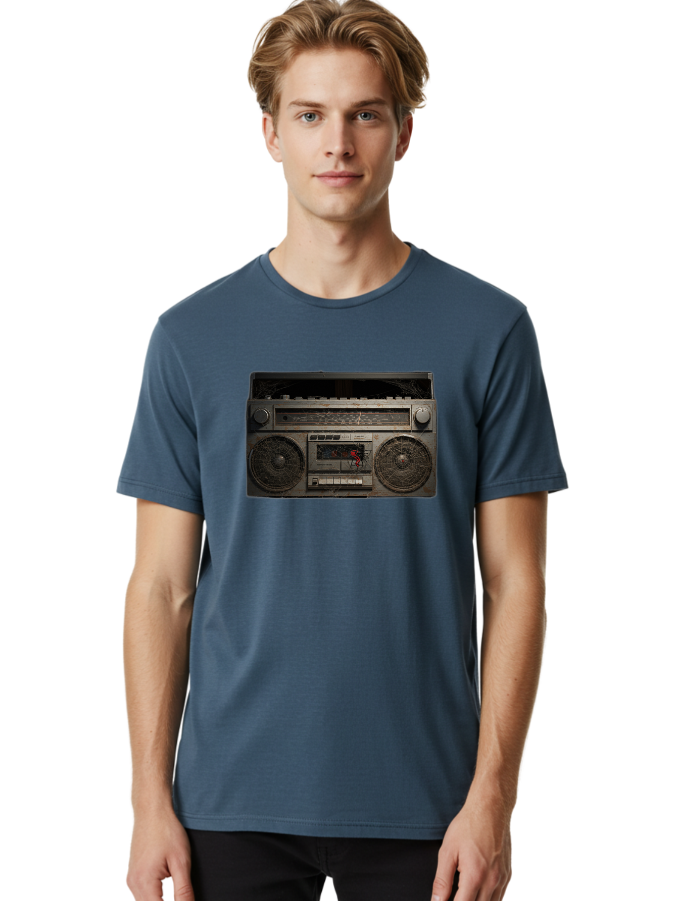 Boombox-With-Spider Men'S Graphic Tee, 100% Cotton, Comfortable Casual Summer Wear, Machine Washable, Vintage Camera, Old Camera, Antique Camera, Black Camera, Classic Photography, Photography Equipment, Nostalgic Device, Film Camera, Baf703