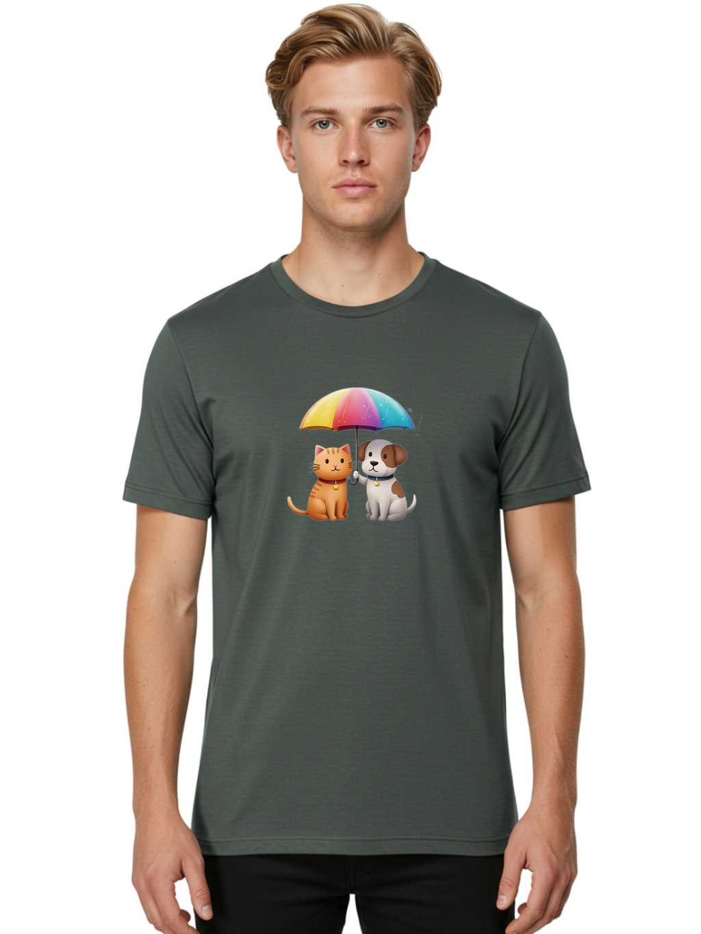 Cat-And-Dog-Under-Rainbow-Umbrella Men'S Graphic Tee, 100% Cotton, Comfortable Casual Summer Wear, Machine Washable, Vintage Camera, Old Camera, Antique Camera, Black Camera, Classic Photography, Photography Equipment, Nostalgic Device, Baf714