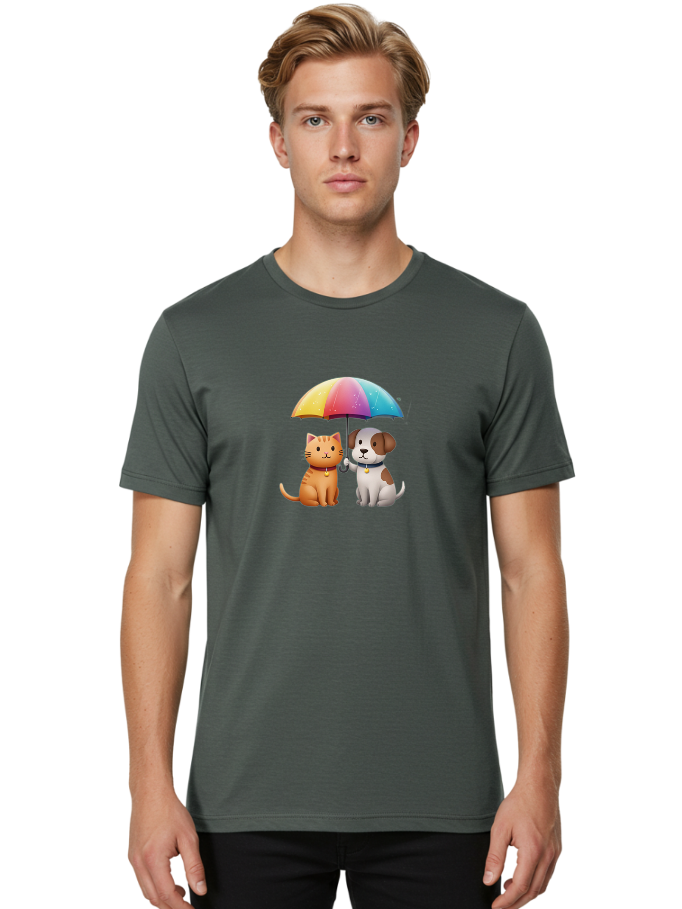 Cat-And-Dog-Under-Rainbow-Umbrella Men'S Graphic Tee, 100% Cotton, Comfortable Casual Summer Wear, Machine Washable, Vintage Camera, Old Camera, Antique Camera, Black Camera, Classic Photography, Photography Equipment, Nostalgic Device, Baf714