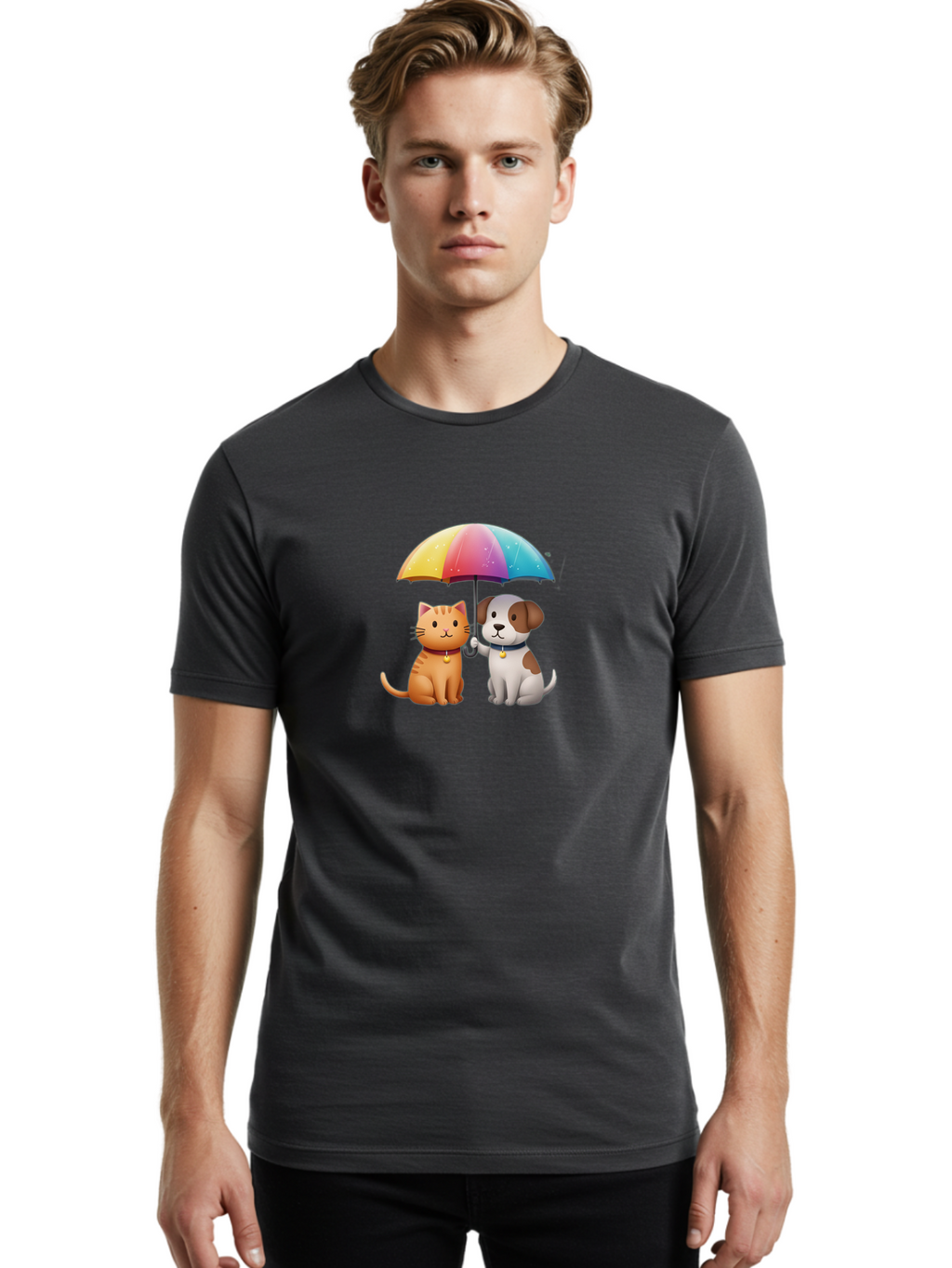 Cat-And-Dog-Under-Rainbow-Umbrella Men'S Graphic Tee, 100% Cotton, Comfortable Casual Summer Wear, Machine Washable, Vintage Camera, Old Camera, Antique Camera, Black Camera, Classic Photography, Photography Equipment, Nostalgic Device, Baf714