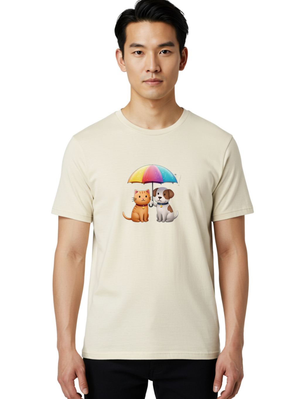 Cat-And-Dog-Under-Rainbow-Umbrella Men'S Graphic Tee, 100% Cotton, Comfortable Casual Summer Wear, Machine Washable, Vintage Camera, Old Camera, Antique Camera, Black Camera, Classic Photography, Photography Equipment, Nostalgic Device, Baf714