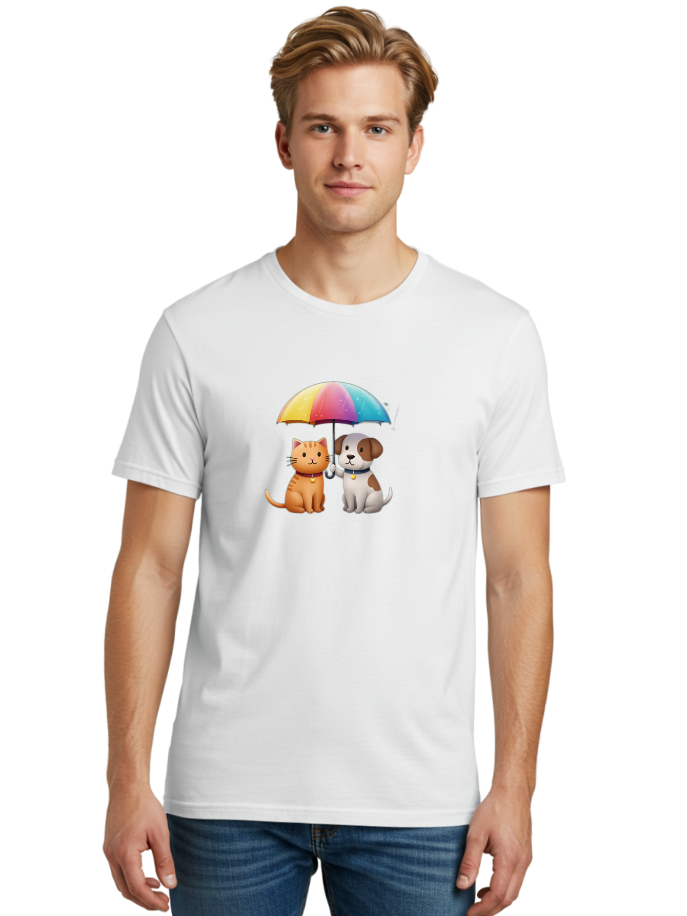 Cat-And-Dog-Under-Rainbow-Umbrella Men'S Graphic Tee, 100% Cotton, Comfortable Casual Summer Wear, Machine Washable, Vintage Camera, Old Camera, Antique Camera, Black Camera, Classic Photography, Photography Equipment, Nostalgic Device, Baf714