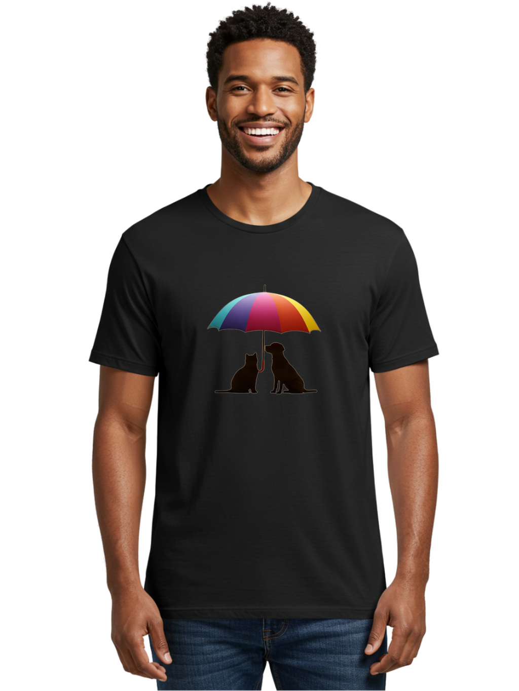 Cat-And-Dog-Under-Umbrella-1 Men'S Graphic Tee, 100% Cotton, Comfortable Casual Summer Wear, Machine Washable, Vintage Camera, Old Camera, Antique Camera, Black Camera, Classic Photography, Photography Equipment, Nostalgic Device, Film Camera, Baf715