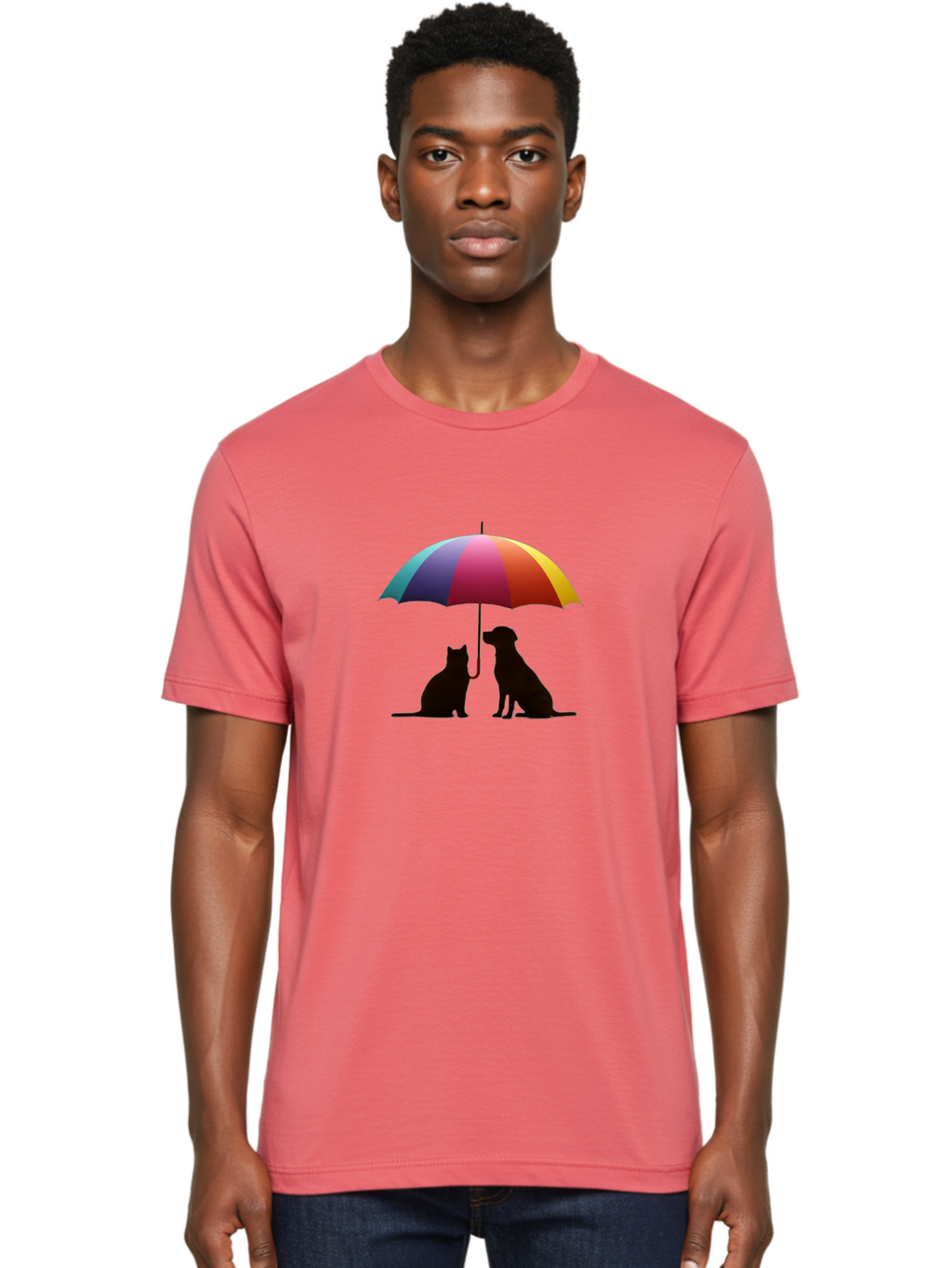 Cat-And-Dog-Under-Umbrella-1 Men'S Graphic Tee, 100% Cotton, Comfortable Casual Summer Wear, Machine Washable, Vintage Camera, Old Camera, Antique Camera, Black Camera, Classic Photography, Photography Equipment, Nostalgic Device, Film Camera, Baf715
