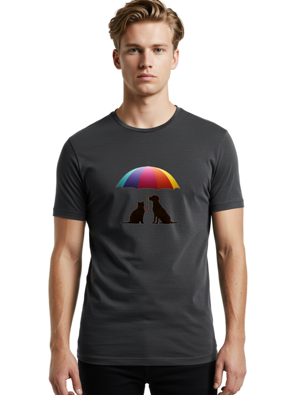 Cat-And-Dog-Under-Umbrella-1 Men'S Graphic Tee, 100% Cotton, Comfortable Casual Summer Wear, Machine Washable, Vintage Camera, Old Camera, Antique Camera, Black Camera, Classic Photography, Photography Equipment, Nostalgic Device, Film Camera, Baf715