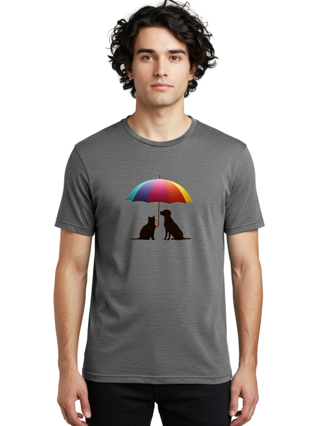 Cat-And-Dog-Under-Umbrella-1 Men'S Graphic Tee, 100% Cotton, Comfortable Casual Summer Wear, Machine Washable, Vintage Camera, Old Camera, Antique Camera, Black Camera, Classic Photography, Photography Equipment, Nostalgic Device, Film Camera, Baf715