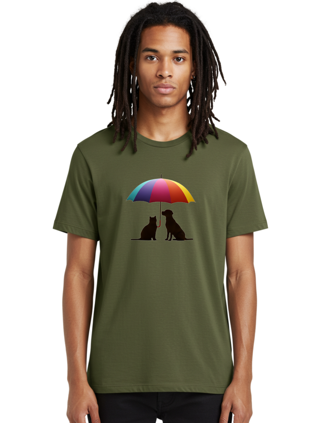 Cat-And-Dog-Under-Umbrella-1 Men'S Graphic Tee, 100% Cotton, Comfortable Casual Summer Wear, Machine Washable, Vintage Camera, Old Camera, Antique Camera, Black Camera, Classic Photography, Photography Equipment, Nostalgic Device, Film Camera, Baf715