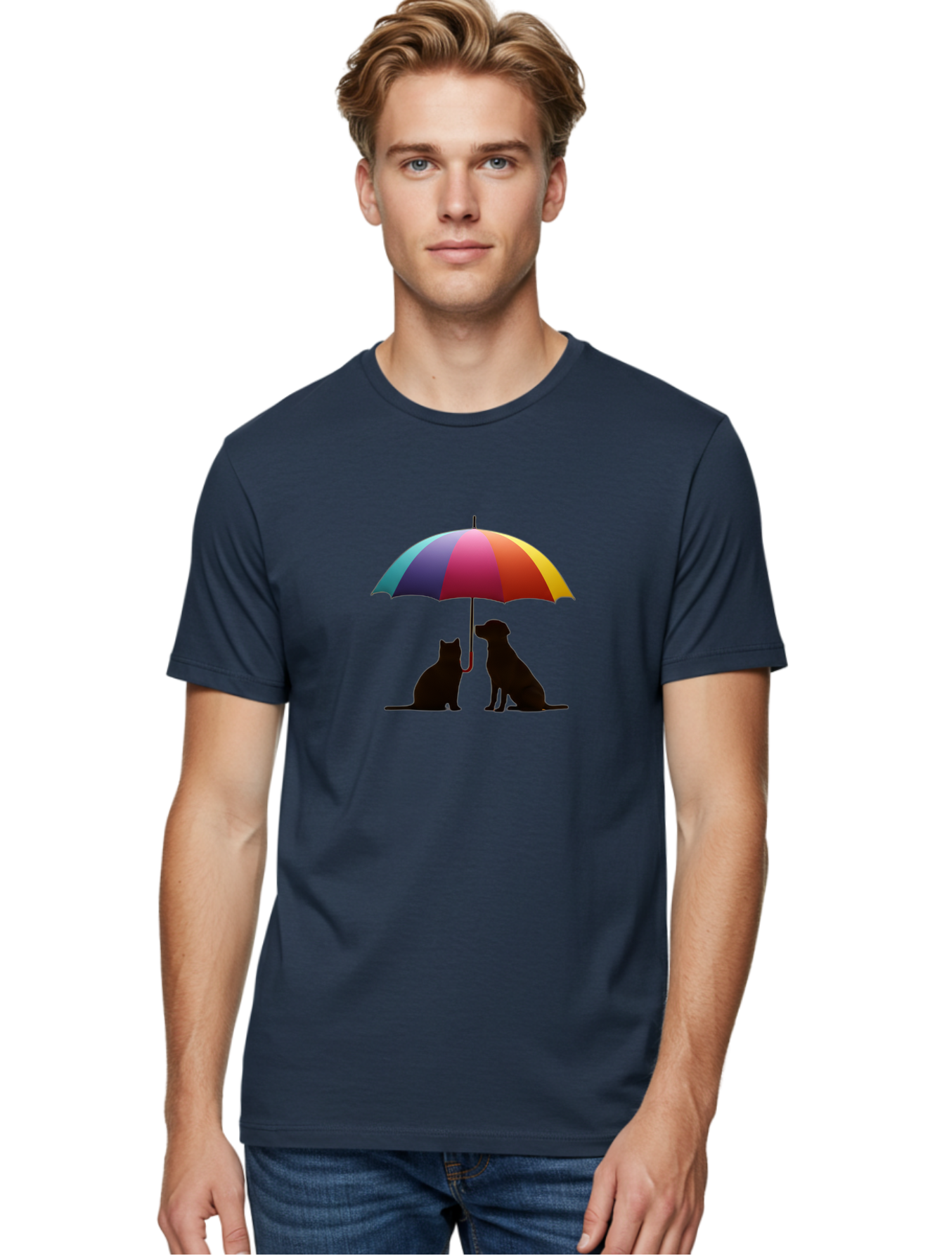 Cat-And-Dog-Under-Umbrella-1 Men'S Graphic Tee, 100% Cotton, Comfortable Casual Summer Wear, Machine Washable, Vintage Camera, Old Camera, Antique Camera, Black Camera, Classic Photography, Photography Equipment, Nostalgic Device, Film Camera, Baf715