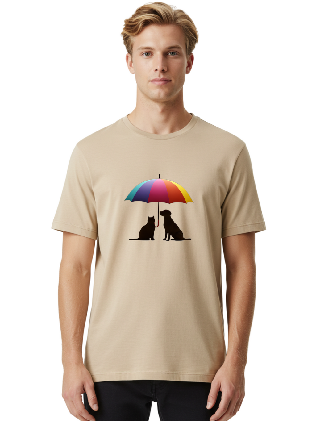 Cat-And-Dog-Under-Umbrella-1 Men'S Graphic Tee, 100% Cotton, Comfortable Casual Summer Wear, Machine Washable, Vintage Camera, Old Camera, Antique Camera, Black Camera, Classic Photography, Photography Equipment, Nostalgic Device, Film Camera, Baf715