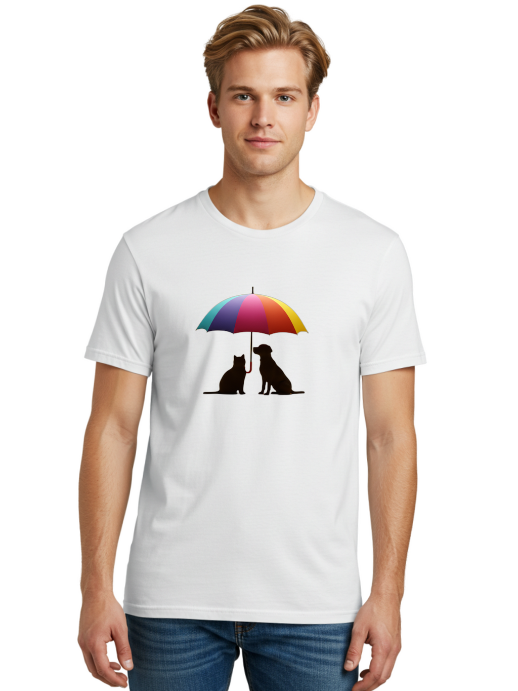 Cat-And-Dog-Under-Umbrella-1 Men'S Graphic Tee, 100% Cotton, Comfortable Casual Summer Wear, Machine Washable, Vintage Camera, Old Camera, Antique Camera, Black Camera, Classic Photography, Photography Equipment, Nostalgic Device, Film Camera, Baf715