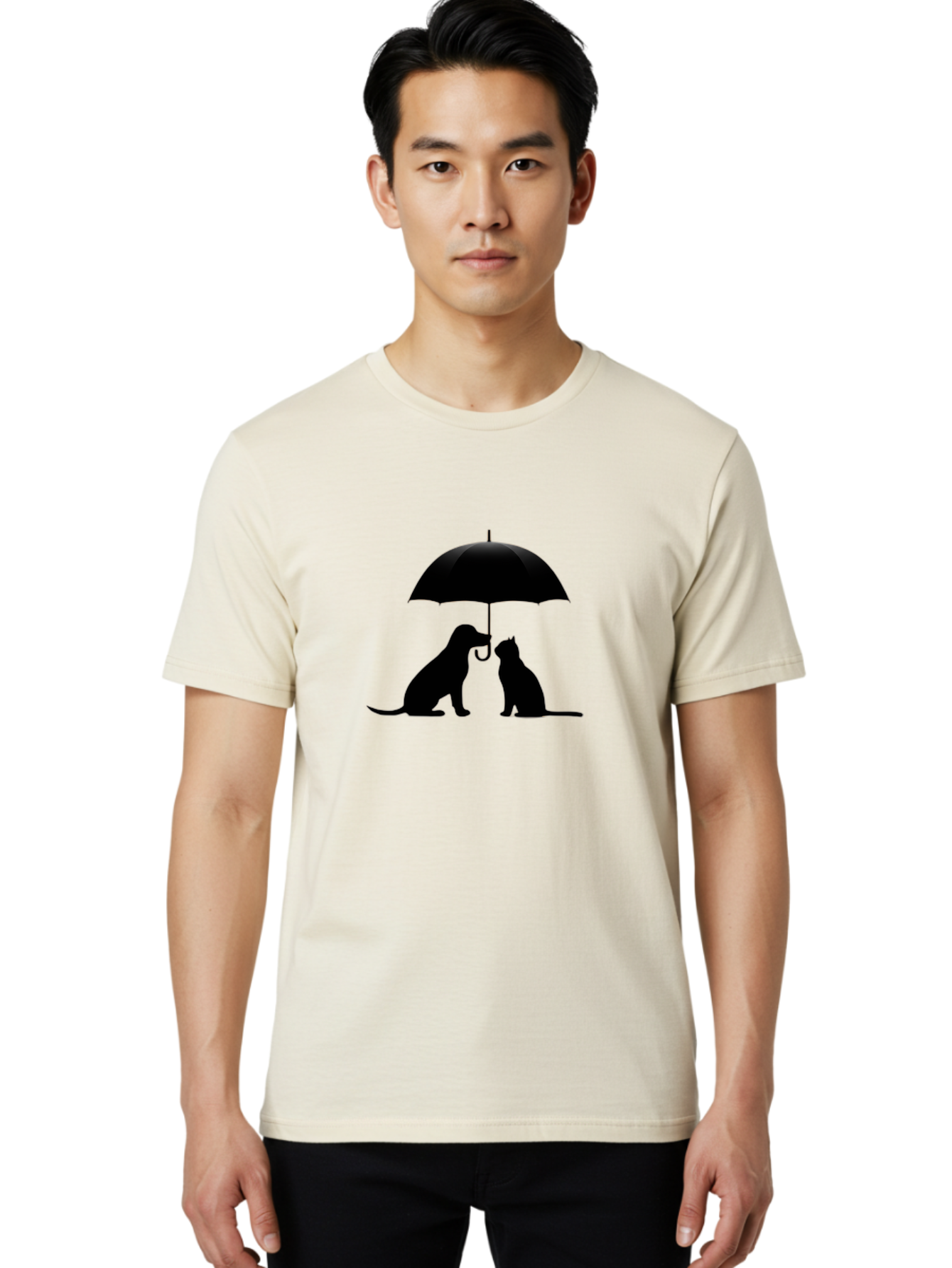 Cat-And-Dog-Under-Umbrella-2 Men'S Graphic Tee, 100% Cotton, Comfortable Casual Summer Wear, Machine Washable, Vintage Camera, Old Camera, Antique Camera, Black Camera, Classic Photography, Photography Equipment, Nostalgic Device, Film Camera, Baf716