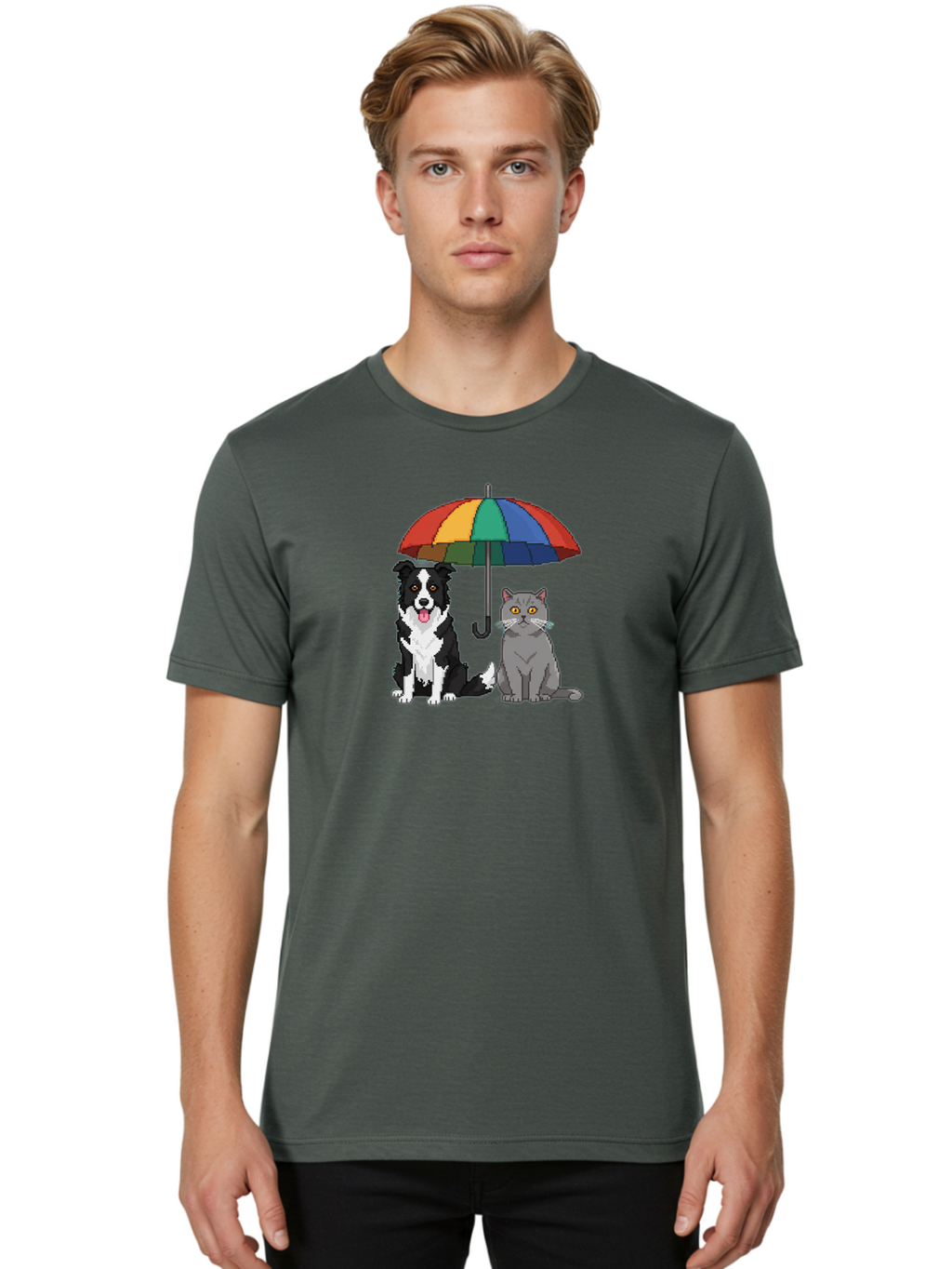 Cat-And-Dog-Under-Umbrella-3 Men'S Graphic Tee, 100% Cotton, Comfortable Casual Summer Wear, Machine Washable, Vintage Camera, Old Camera, Antique Camera, Black Camera, Classic Photography, Photography Equipment, Nostalgic Device, Film Camera, Baf717