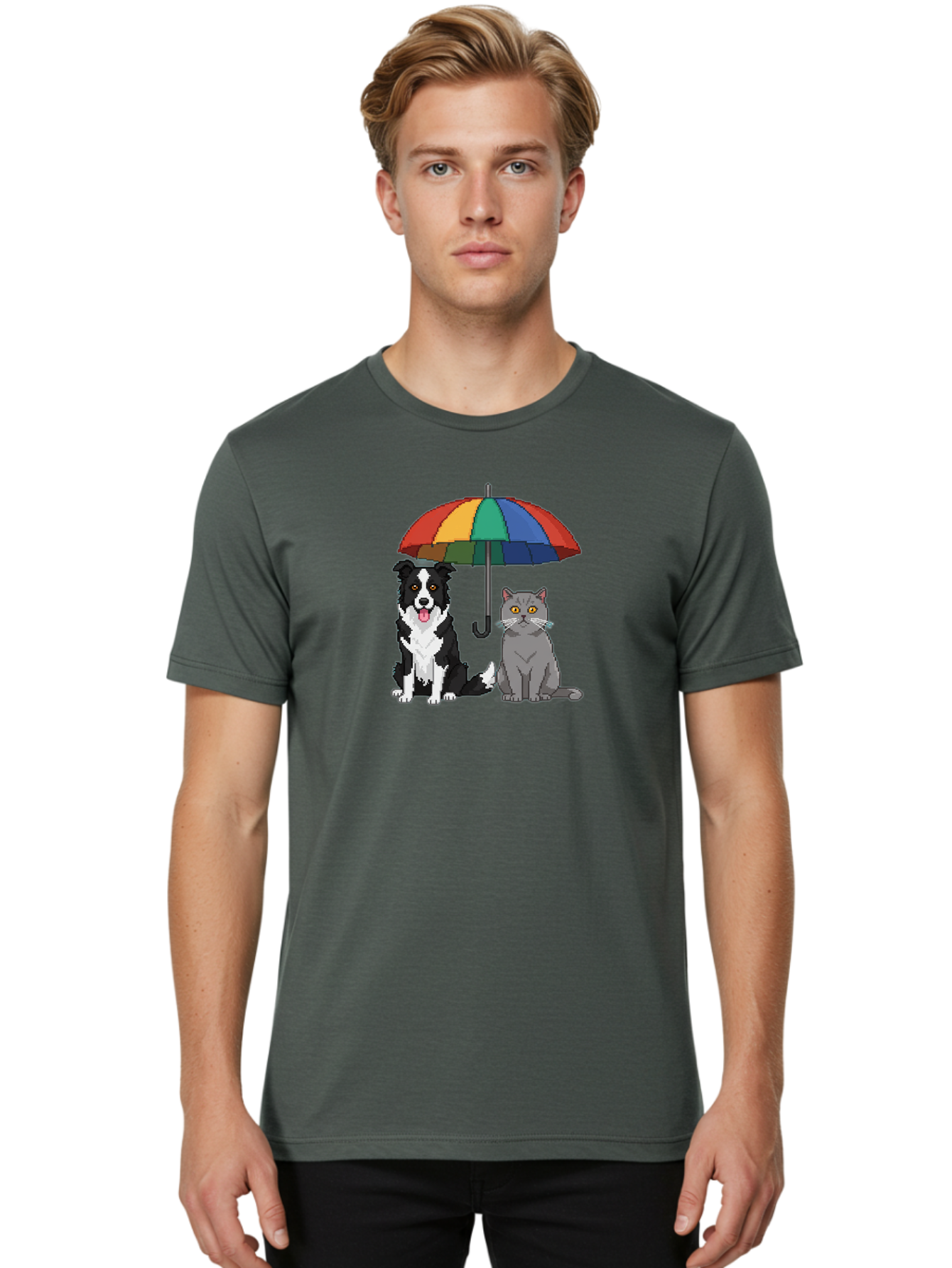 Cat-And-Dog-Under-Umbrella-3 Men'S Graphic Tee, 100% Cotton, Comfortable Casual Summer Wear, Machine Washable, Vintage Camera, Old Camera, Antique Camera, Black Camera, Classic Photography, Photography Equipment, Nostalgic Device, Film Camera, Baf717