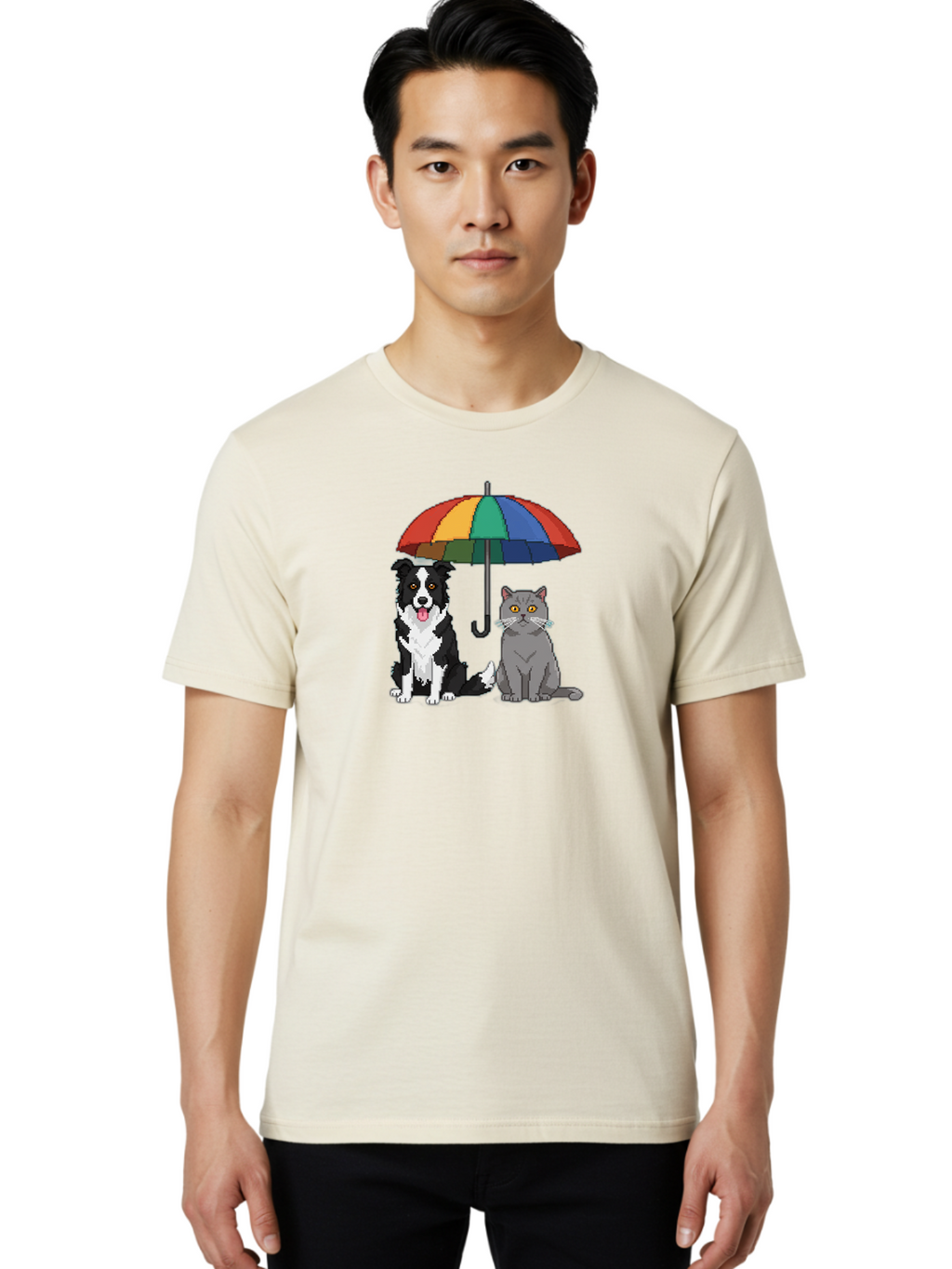 Cat-And-Dog-Under-Umbrella-3 Men'S Graphic Tee, 100% Cotton, Comfortable Casual Summer Wear, Machine Washable, Vintage Camera, Old Camera, Antique Camera, Black Camera, Classic Photography, Photography Equipment, Nostalgic Device, Film Camera, Baf717