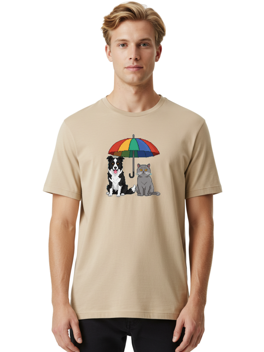 Cat-And-Dog-Under-Umbrella-3 Men'S Graphic Tee, 100% Cotton, Comfortable Casual Summer Wear, Machine Washable, Vintage Camera, Old Camera, Antique Camera, Black Camera, Classic Photography, Photography Equipment, Nostalgic Device, Film Camera, Baf717