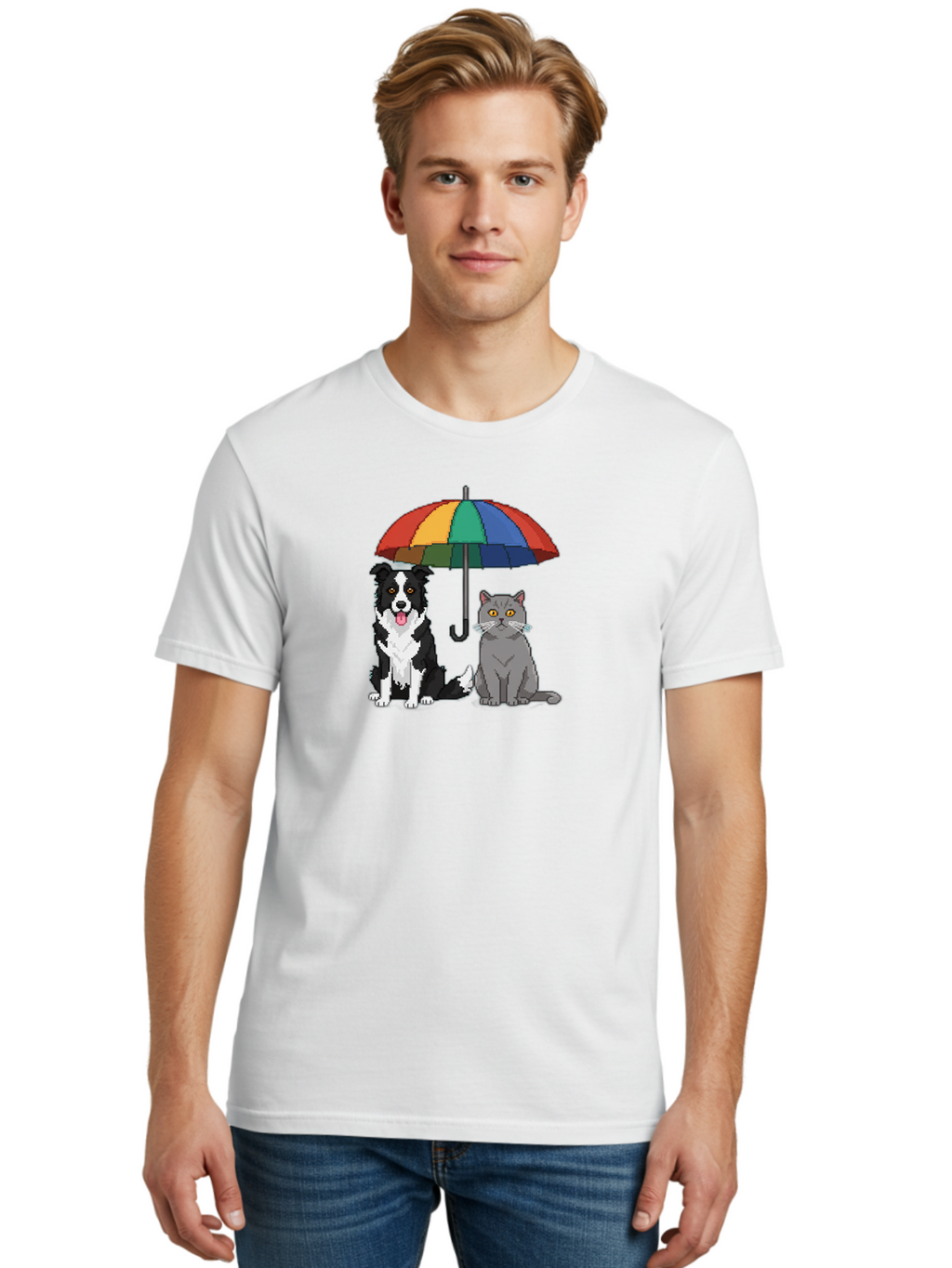 Cat-And-Dog-Under-Umbrella-3 Men'S Graphic Tee, 100% Cotton, Comfortable Casual Summer Wear, Machine Washable, Vintage Camera, Old Camera, Antique Camera, Black Camera, Classic Photography, Photography Equipment, Nostalgic Device, Film Camera, Baf717