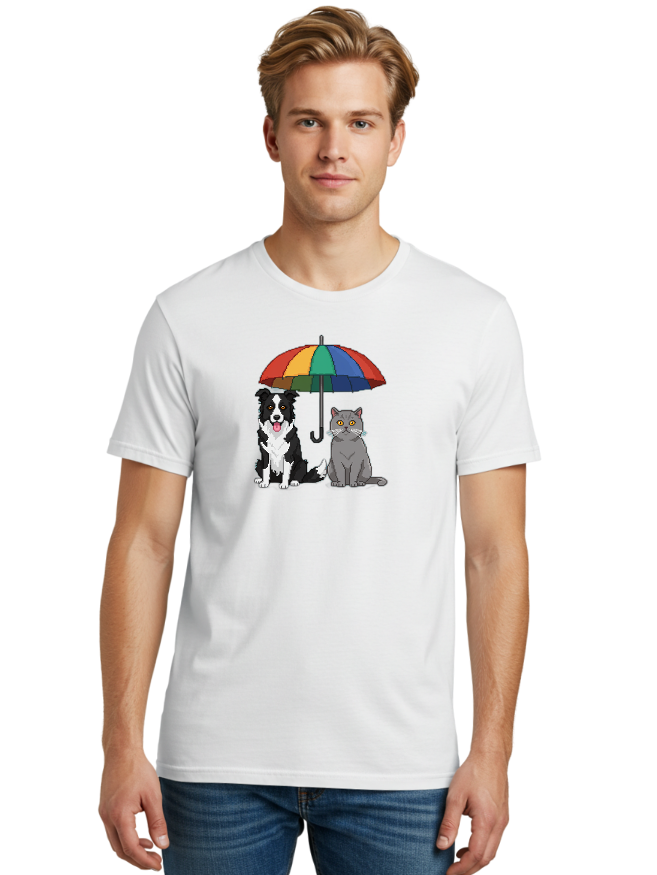 Cat-And-Dog-Under-Umbrella-3 Men'S Graphic Tee, 100% Cotton, Comfortable Casual Summer Wear, Machine Washable, Vintage Camera, Old Camera, Antique Camera, Black Camera, Classic Photography, Photography Equipment, Nostalgic Device, Film Camera, Baf717
