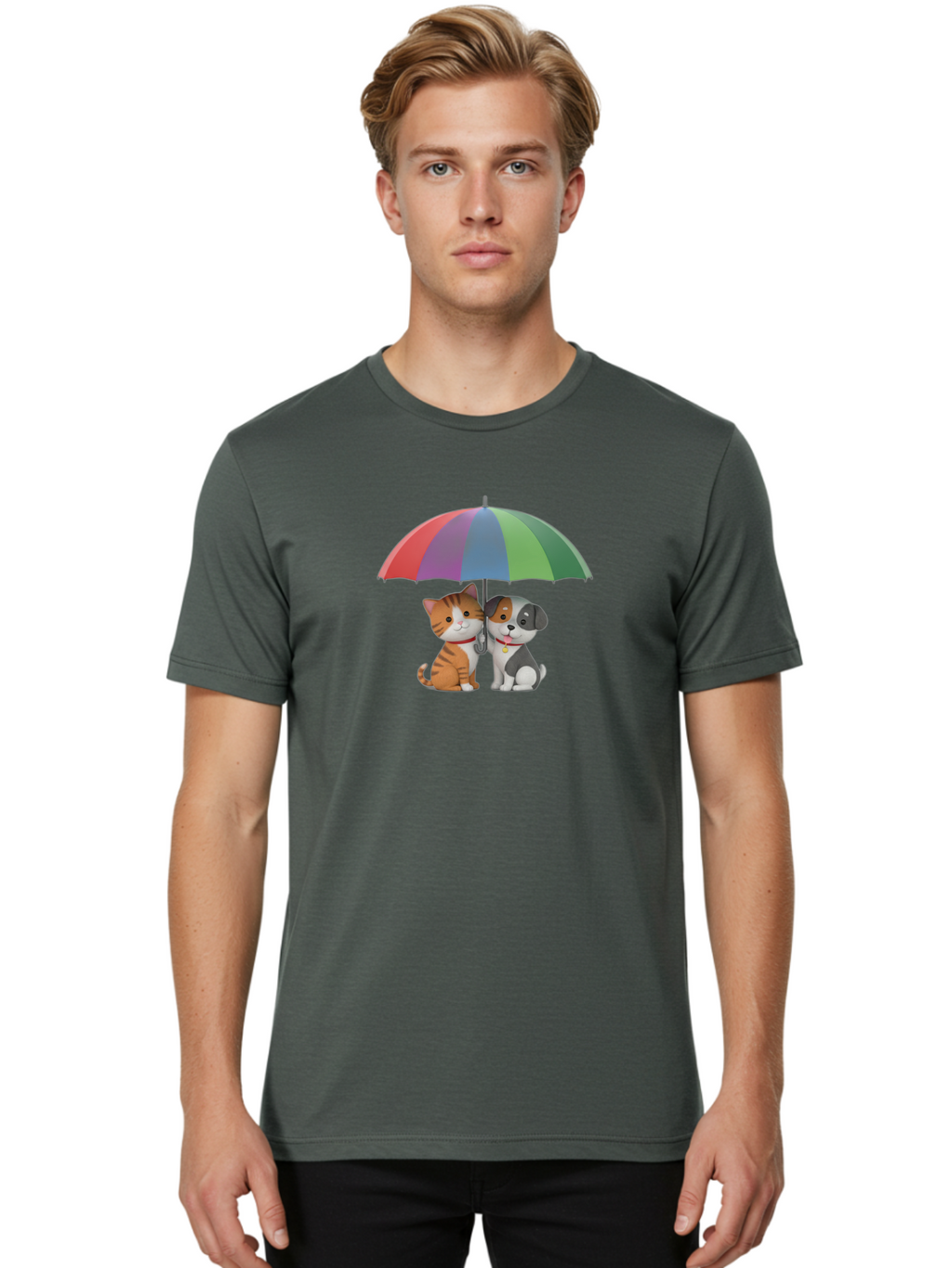 Cat-And-Dog-Under-Umbrella-5 Men'S Graphic Tee, 100% Cotton, Comfortable Casual Summer Wear, Machine Washable, Vintage Camera, Old Camera, Antique Camera, Black Camera, Classic Photography, Photography Equipment, Nostalgic Device, Film Camera, Baf719