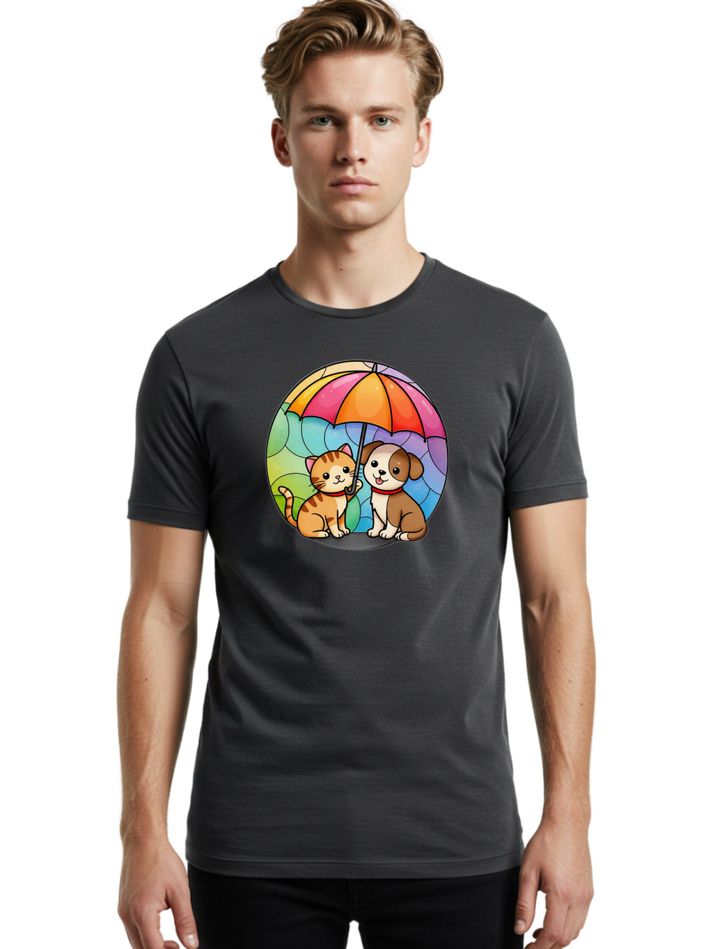 Cat-And-Dog-Under-Umbrella-6 Men'S Graphic Tee, 100% Cotton, Comfortable Casual Summer Wear, Machine Washable, Vintage Camera, Old Camera, Antique Camera, Black Camera, Classic Photography, Photography Equipment, Nostalgic Device, Film Camera, Baf720