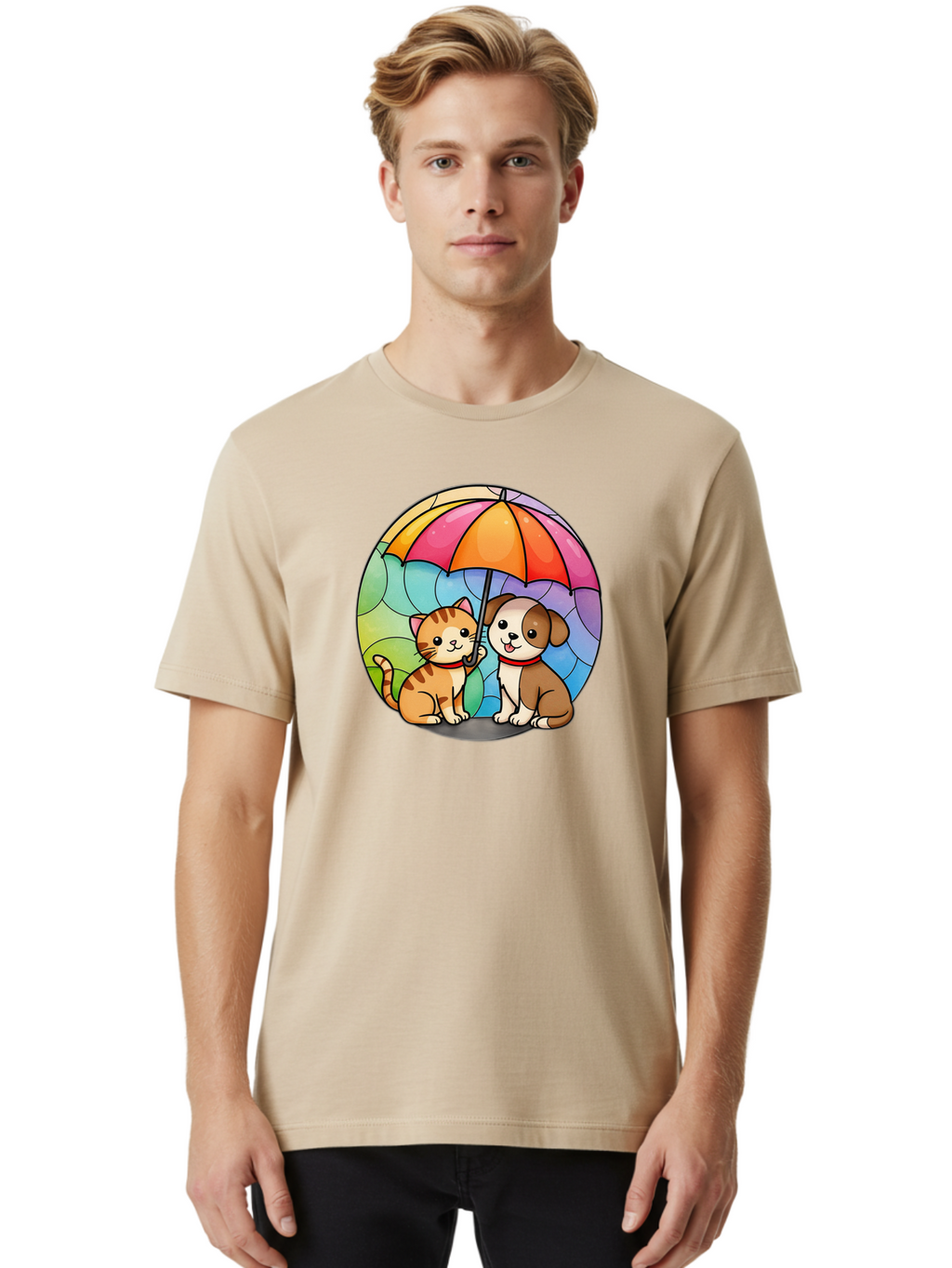 Cat-And-Dog-Under-Umbrella-6 Men'S Graphic Tee, 100% Cotton, Comfortable Casual Summer Wear, Machine Washable, Vintage Camera, Old Camera, Antique Camera, Black Camera, Classic Photography, Photography Equipment, Nostalgic Device, Film Camera, Baf720