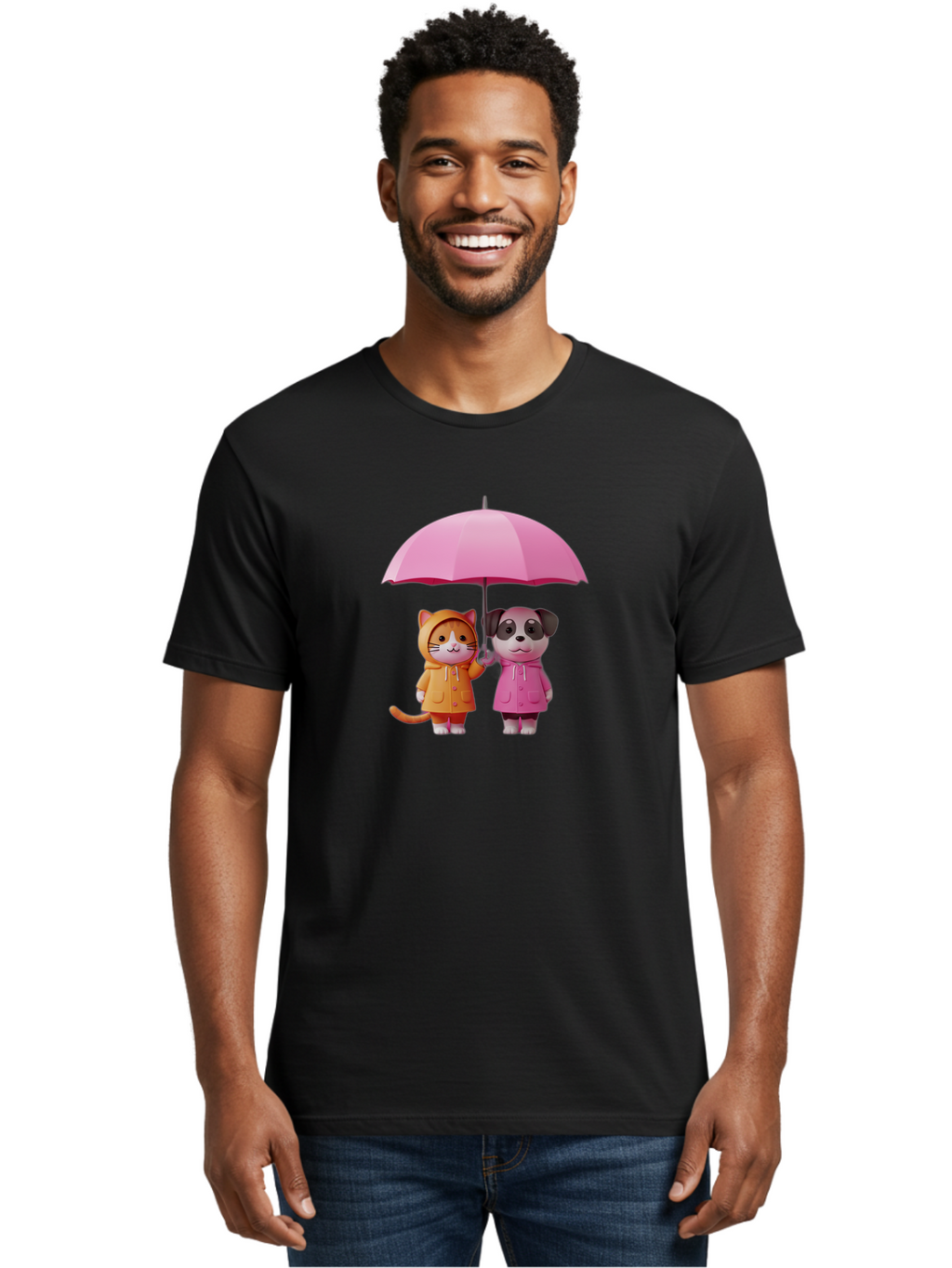 Cat-And-Pug-Under-Pink-Umbrella Men'S Graphic Tee, 100% Cotton, Comfortable Casual Summer Wear, Machine Washable, Vintage Camera, Old Camera, Antique Camera, Black Camera, Classic Photography, Photography Equipment, Nostalgic Device, Baf724