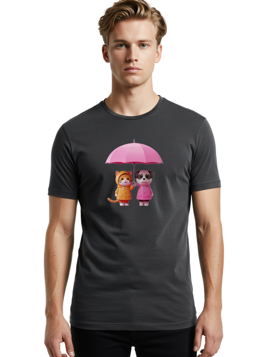 Cat-And-Pug-Under-Pink-Umbrella Men'S Graphic Tee, 100% Cotton, Comfortable Casual Summer Wear, Machine Washable, Vintage Camera, Old Camera, Antique Camera, Black Camera, Classic Photography, Photography Equipment, Nostalgic Device, Baf724
