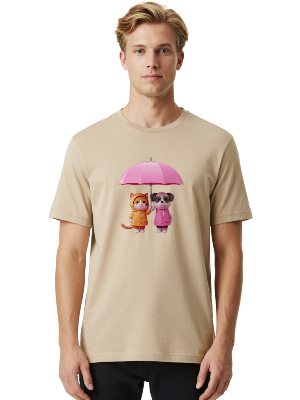 Cat-And-Pug-Under-Pink-Umbrella Men'S Graphic Tee, 100% Cotton, Comfortable Casual Summer Wear, Machine Washable, Vintage Camera, Old Camera, Antique Camera, Black Camera, Classic Photography, Photography Equipment, Nostalgic Device, Baf724
