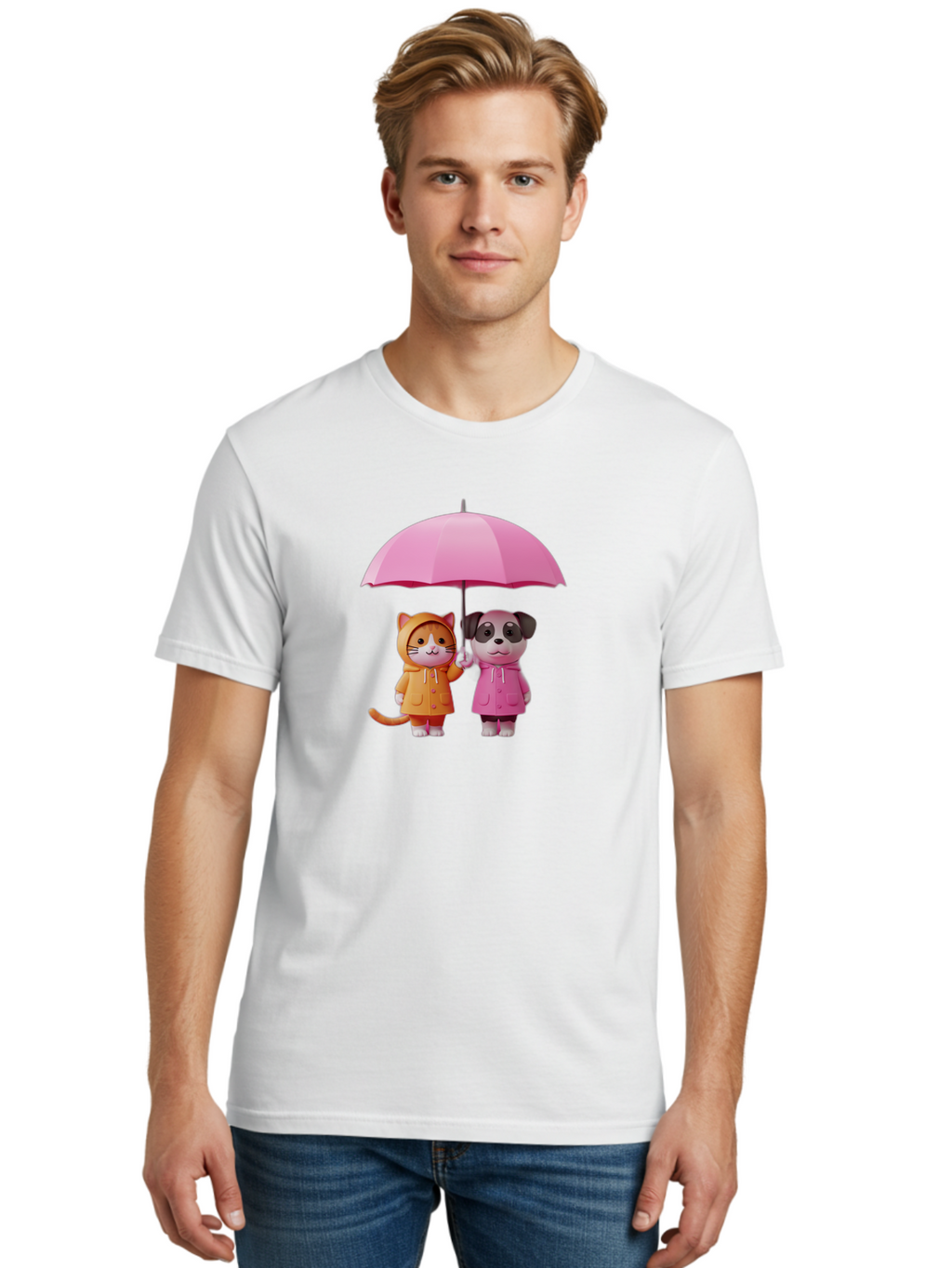 Cat-And-Pug-Under-Pink-Umbrella Men'S Graphic Tee, 100% Cotton, Comfortable Casual Summer Wear, Machine Washable, Vintage Camera, Old Camera, Antique Camera, Black Camera, Classic Photography, Photography Equipment, Nostalgic Device, Baf724