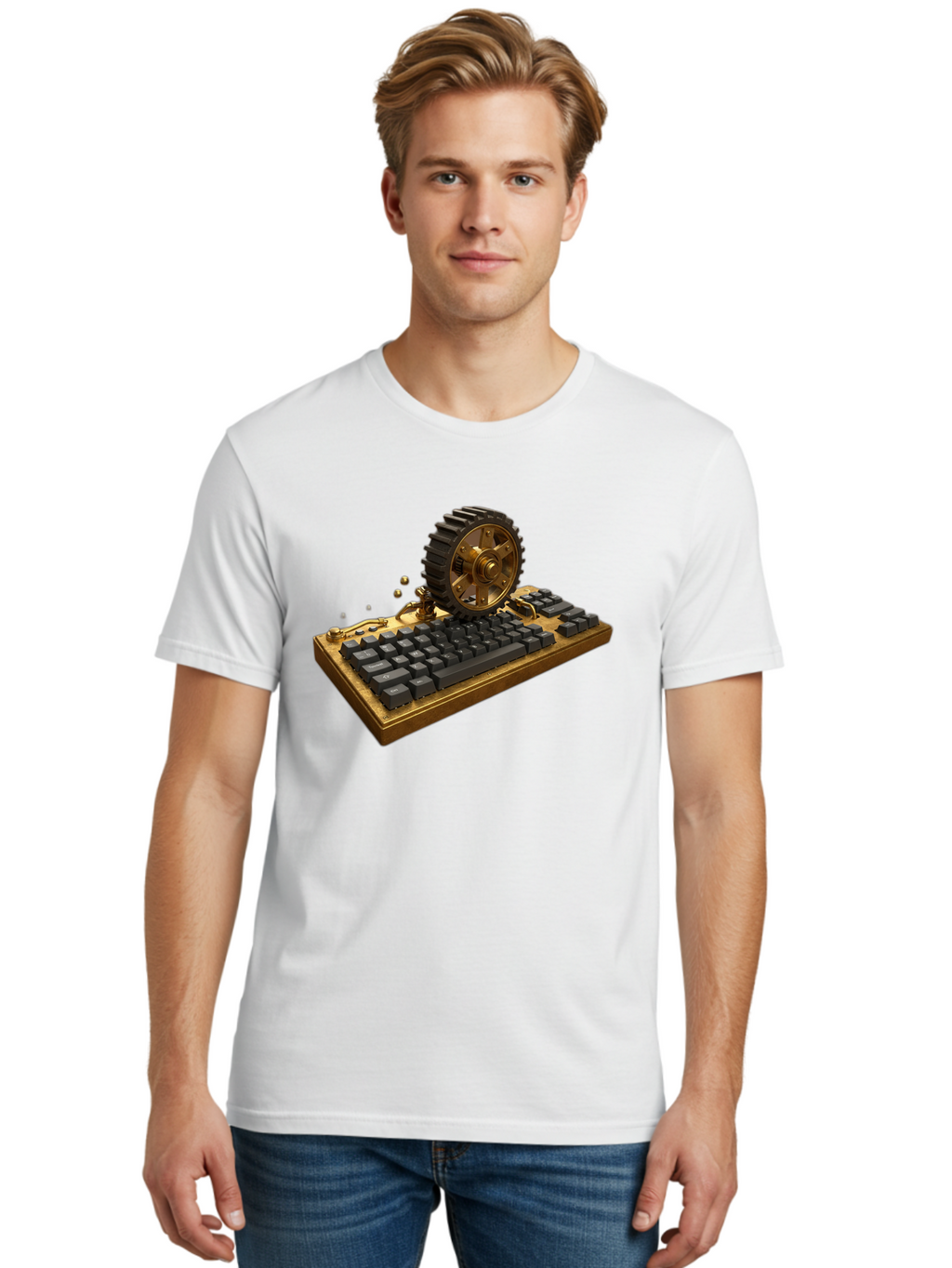 Cog-Wheel-Keyboard Men'S Graphic Tee, 100% Cotton, Comfortable Casual Summer Wear, Machine Washable, Vintage Camera, Old Camera, Antique Camera, Black Camera, Classic Photography, Photography Equipment, Nostalgic Device, Film Camera, Baf727