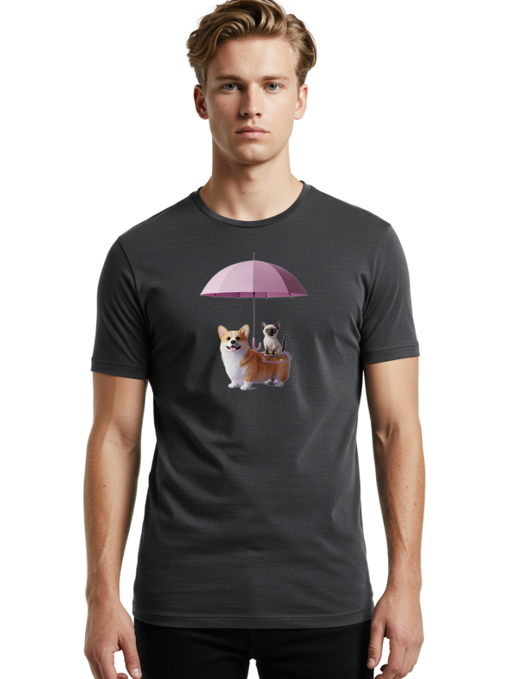 Corgi-And-Cat-Under-Umbrella Men'S Graphic Tee, 100% Cotton, Comfortable Casual Summer Wear, Machine Washable, Vintage Camera, Old Camera, Antique Camera, Black Camera, Classic Photography, Photography Equipment, Nostalgic Device, Film Camera, Baf729