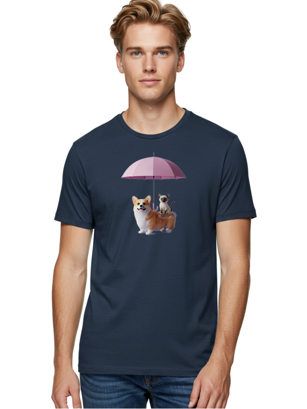 Corgi-And-Cat-Under-Umbrella Men'S Graphic Tee, 100% Cotton, Comfortable Casual Summer Wear, Machine Washable, Vintage Camera, Old Camera, Antique Camera, Black Camera, Classic Photography, Photography Equipment, Nostalgic Device, Film Camera, Baf729