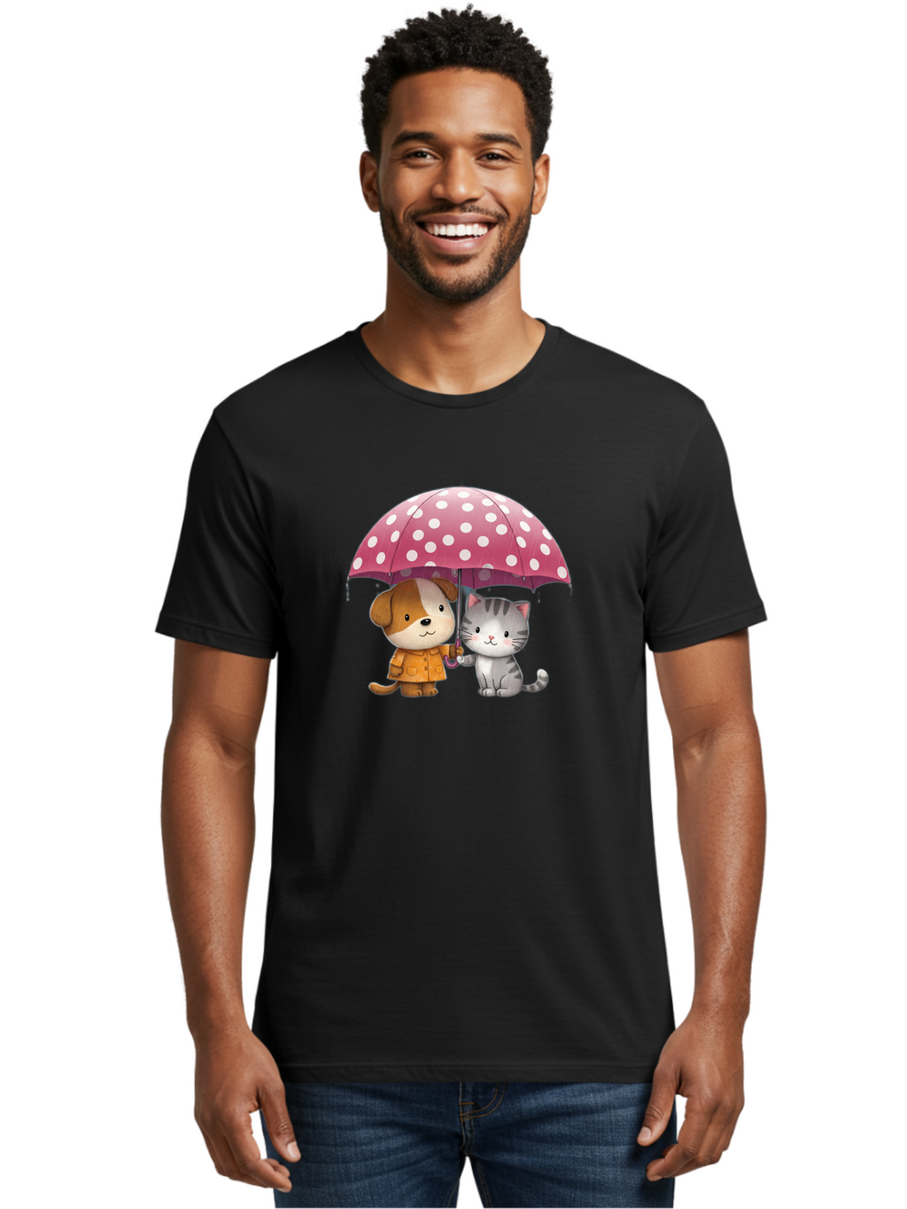 Dog-And-Cat-Under-Polka-Dot-Umbrella Men'S Graphic Tee, 100% Cotton, Comfortable Casual Summer Wear, Machine Washable, Vintage Camera, Old Camera, Antique Camera, Black Camera, Classic Photography, Photography Equipment, Nostalgic Device, Baf797