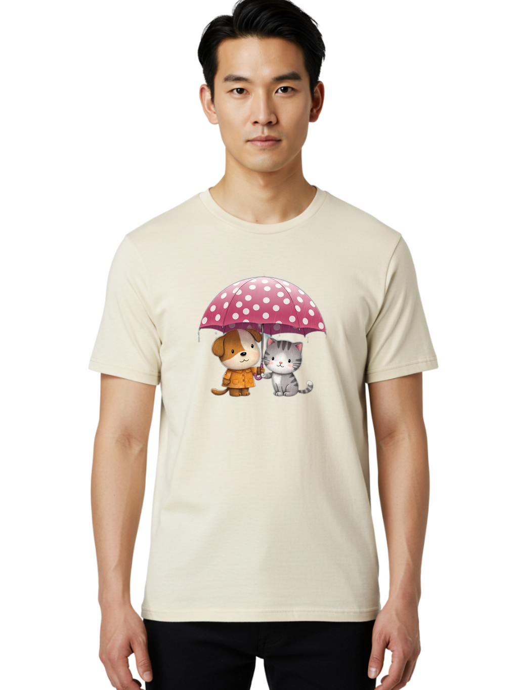 Dog-And-Cat-Under-Polka-Dot-Umbrella Men'S Graphic Tee, 100% Cotton, Comfortable Casual Summer Wear, Machine Washable, Vintage Camera, Old Camera, Antique Camera, Black Camera, Classic Photography, Photography Equipment, Nostalgic Device, Baf797