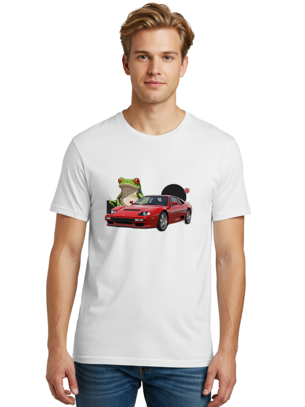 Ferrari-With-Frog-1 Men'S Graphic Tee, 100% Cotton, Comfortable Casual Summer Wear, Machine Washable, Vintage Camera, Old Camera, Antique Camera, Black Camera, Classic Photography, Photography Equipment, Nostalgic Device, Film Camera, Baf805