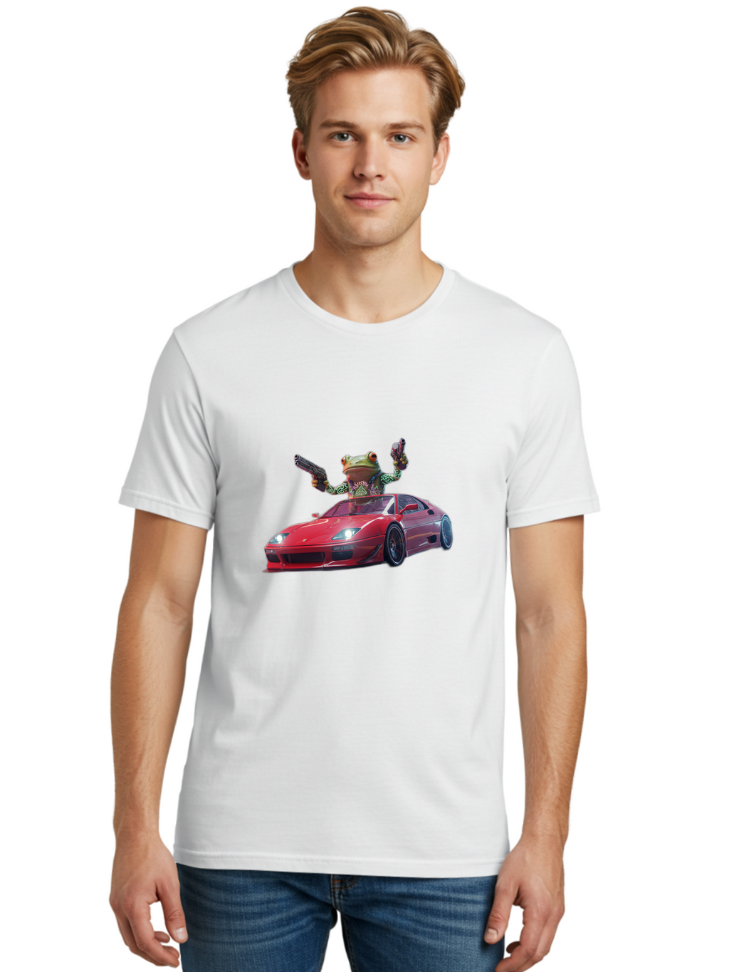 Frog-With-Guns-On-Ferrari Men'S Graphic Tee, 100% Cotton, Comfortable Casual Summer Wear, Machine Washable, Vintage Camera, Old Camera, Antique Camera, Black Camera, Classic Photography, Photography Equipment, Nostalgic Device, Film Camera, Baf848