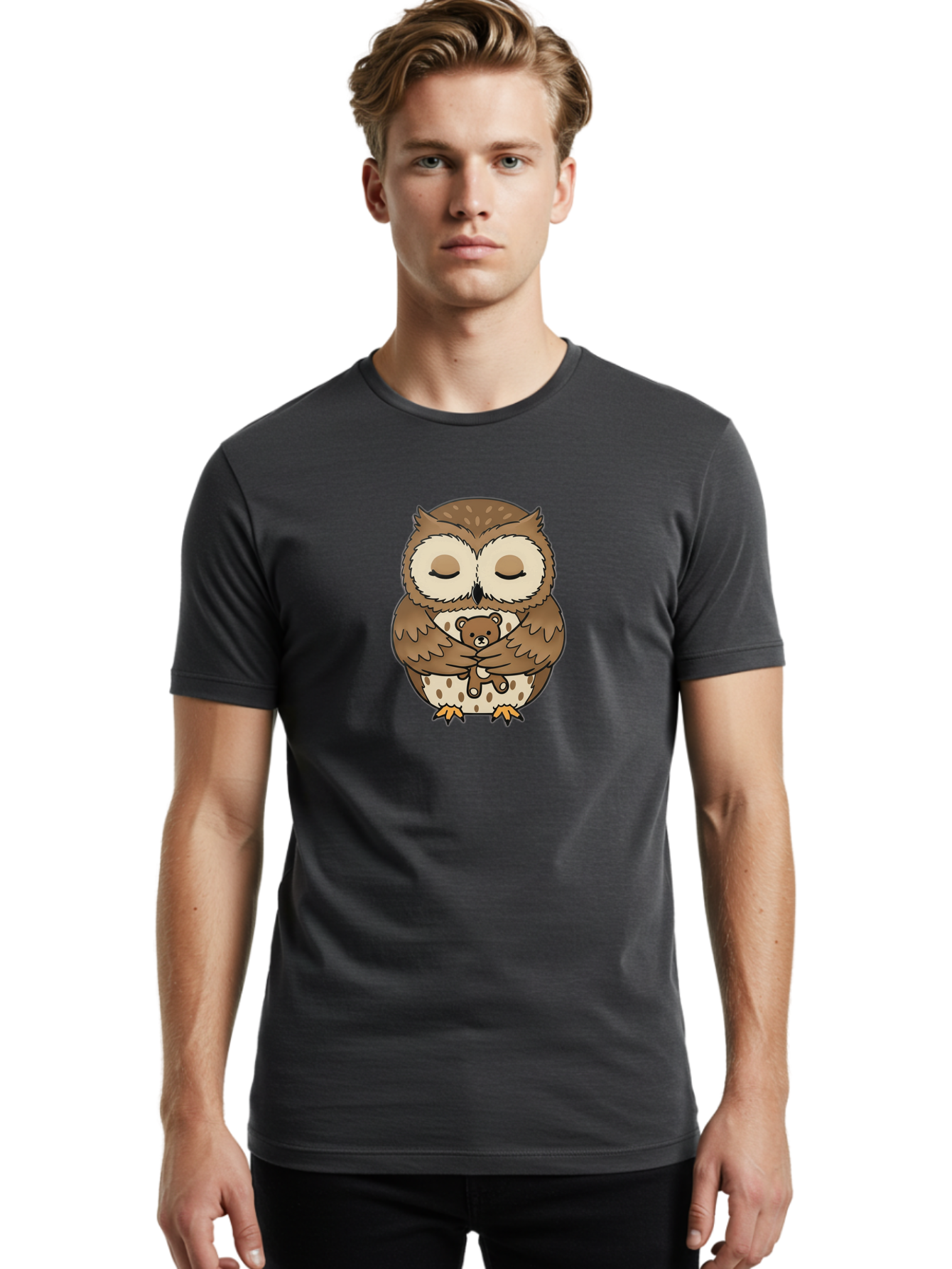 Owl-Hugging-Teddy-Bear-1 Men'S Graphic Tee, 100% Cotton, Comfortable Casual Summer Wear, Machine Washable, Vintage Camera, Old Camera, Antique Camera, Black Camera, Classic Photography, Photography Equipment, Nostalgic Device, Film Camera, Baf926