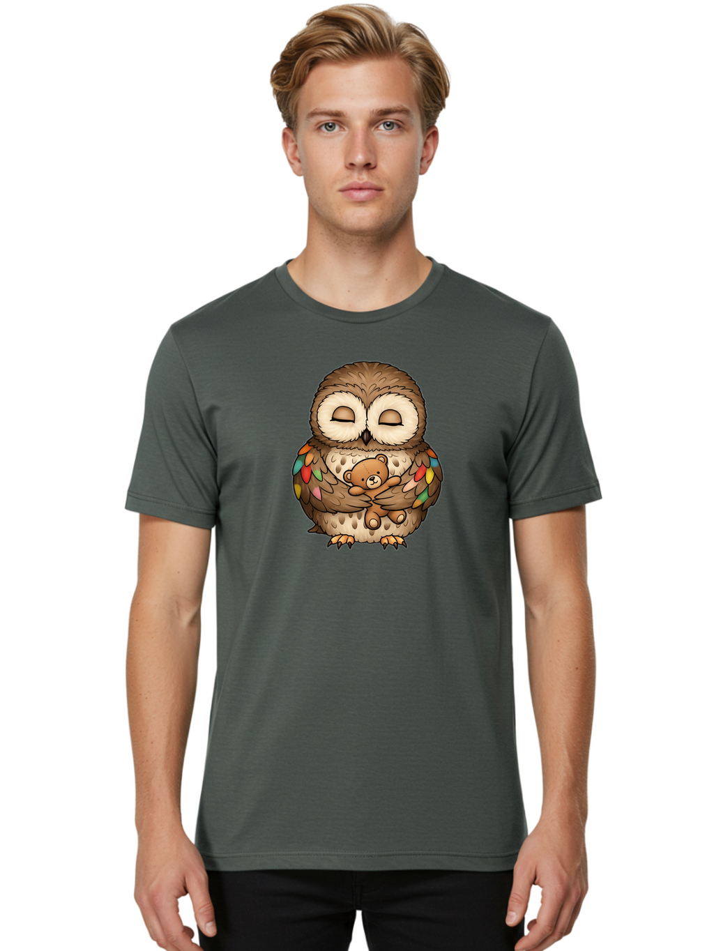 Owl-Hugging-Teddy Men'S Graphic Tee, 100% Cotton, Comfortable Casual Summer Wear, Machine Washable, Vintage Camera, Old Camera, Antique Camera, Black Camera, Classic Photography, Photography Equipment, Nostalgic Device, Film Camera, Camera Art Baf929
