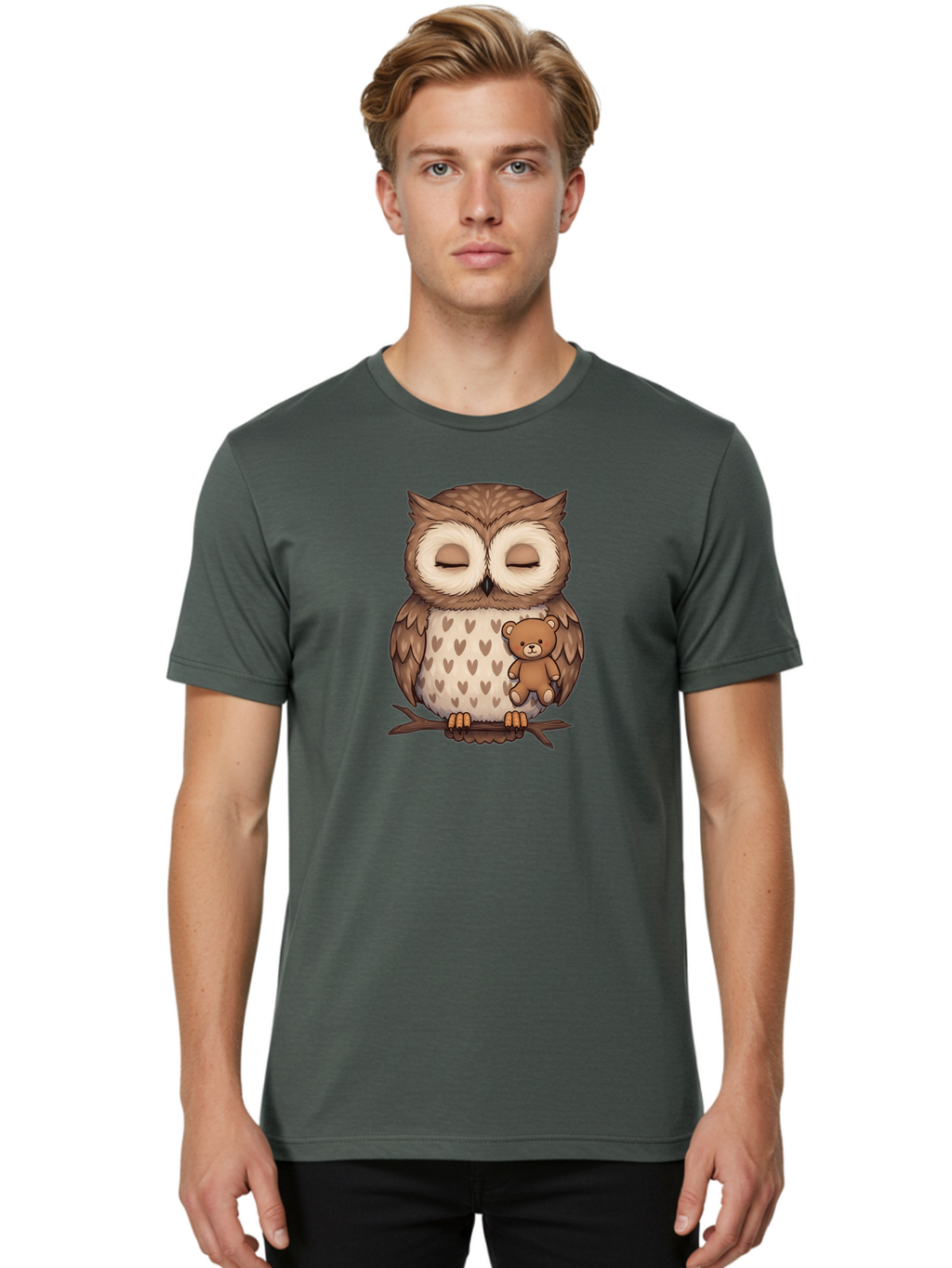 Owl-With-Teddy-2 Men'S Graphic Tee, 100% Cotton, Comfortable Casual Summer Wear, Machine Washable, Vintage Camera, Old Camera, Antique Camera, Black Camera, Classic Photography, Photography Equipment, Nostalgic Device, Film Camera, Camera Art Baf937