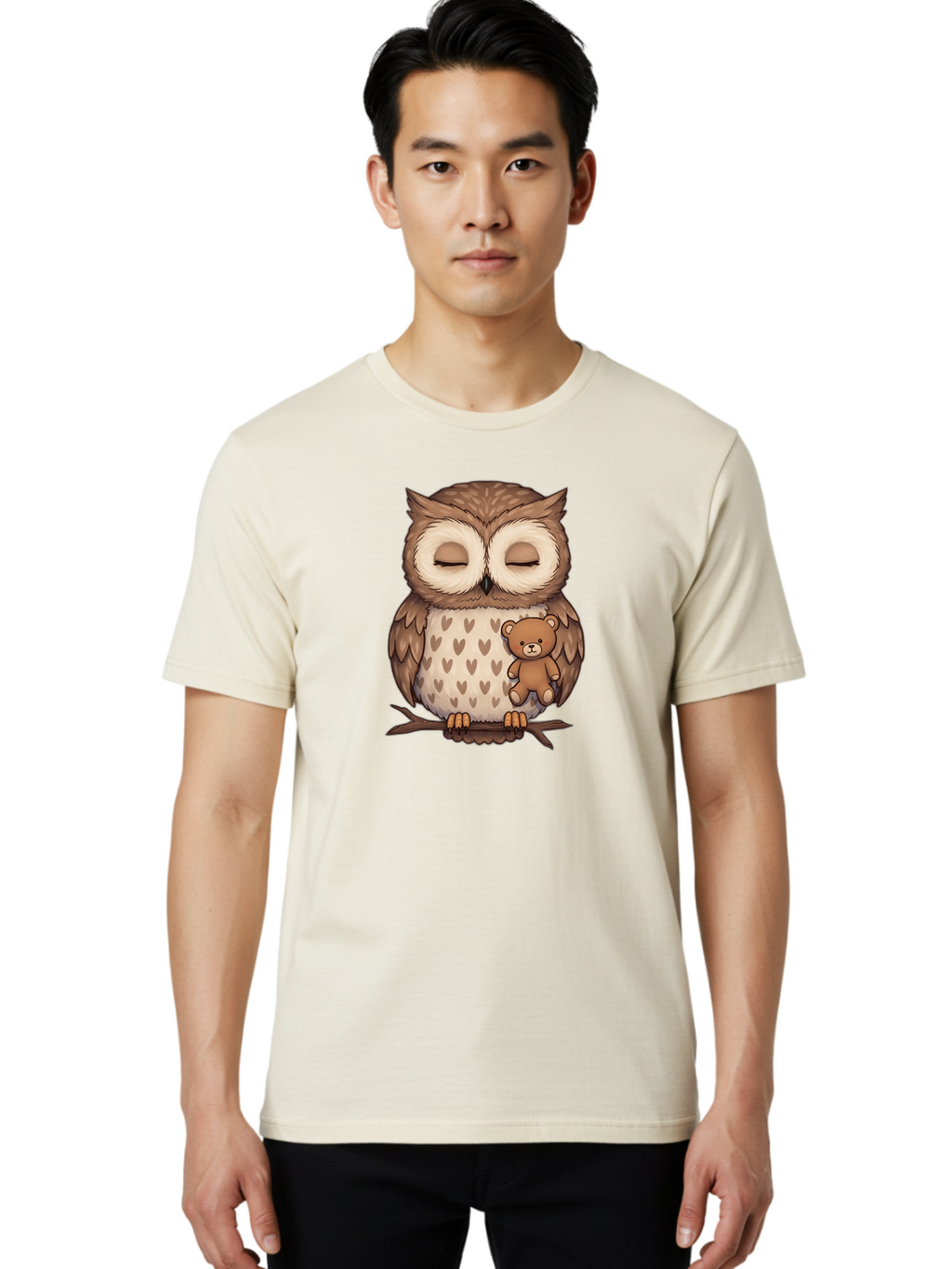 Owl-With-Teddy-2 Men'S Graphic Tee, 100% Cotton, Comfortable Casual Summer Wear, Machine Washable, Vintage Camera, Old Camera, Antique Camera, Black Camera, Classic Photography, Photography Equipment, Nostalgic Device, Film Camera, Camera Art Baf937