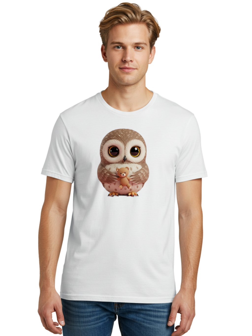 Owl-With-Teddy-3 Men'S Graphic Tee, 100% Cotton, Comfortable Casual Summer Wear, Machine Washable, Vintage Camera, Old Camera, Antique Camera, Black Camera, Classic Photography, Photography Equipment, Nostalgic Device, Film Camera, Camera Art Baf938